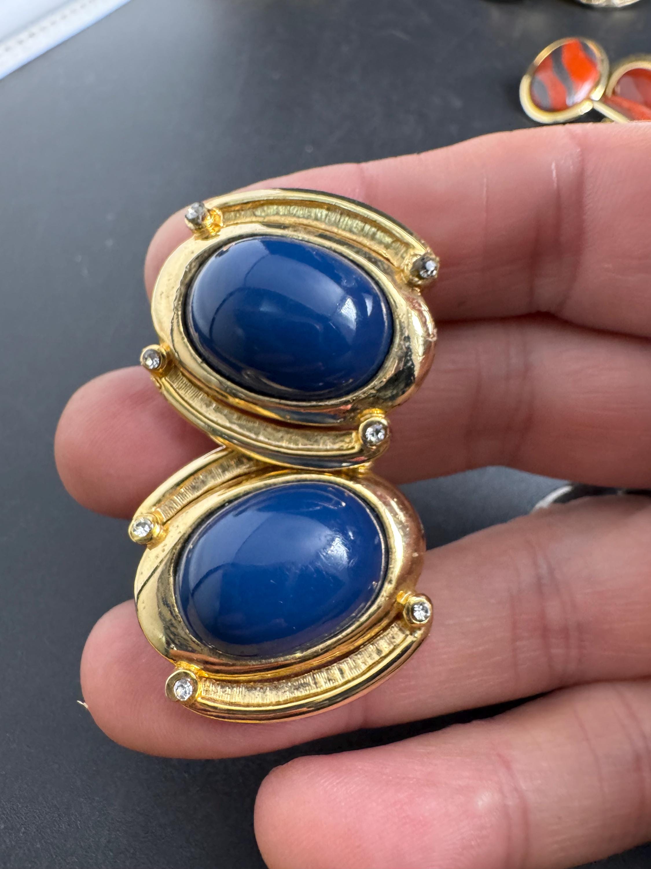 Oval blue cabochon clip on earrings, rhinestone gold tone