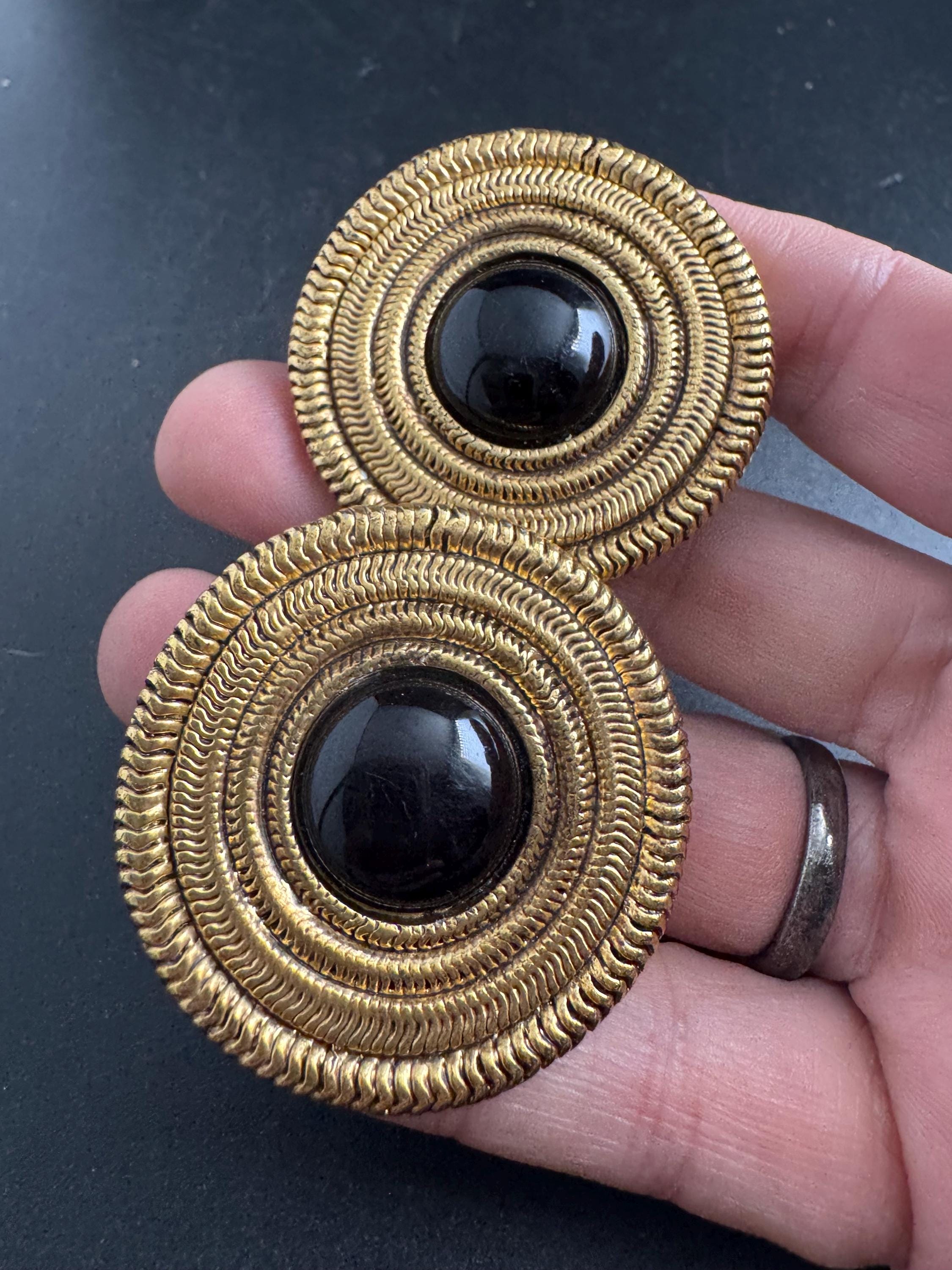 black gold round disc clip on earrings, oversized 5cm