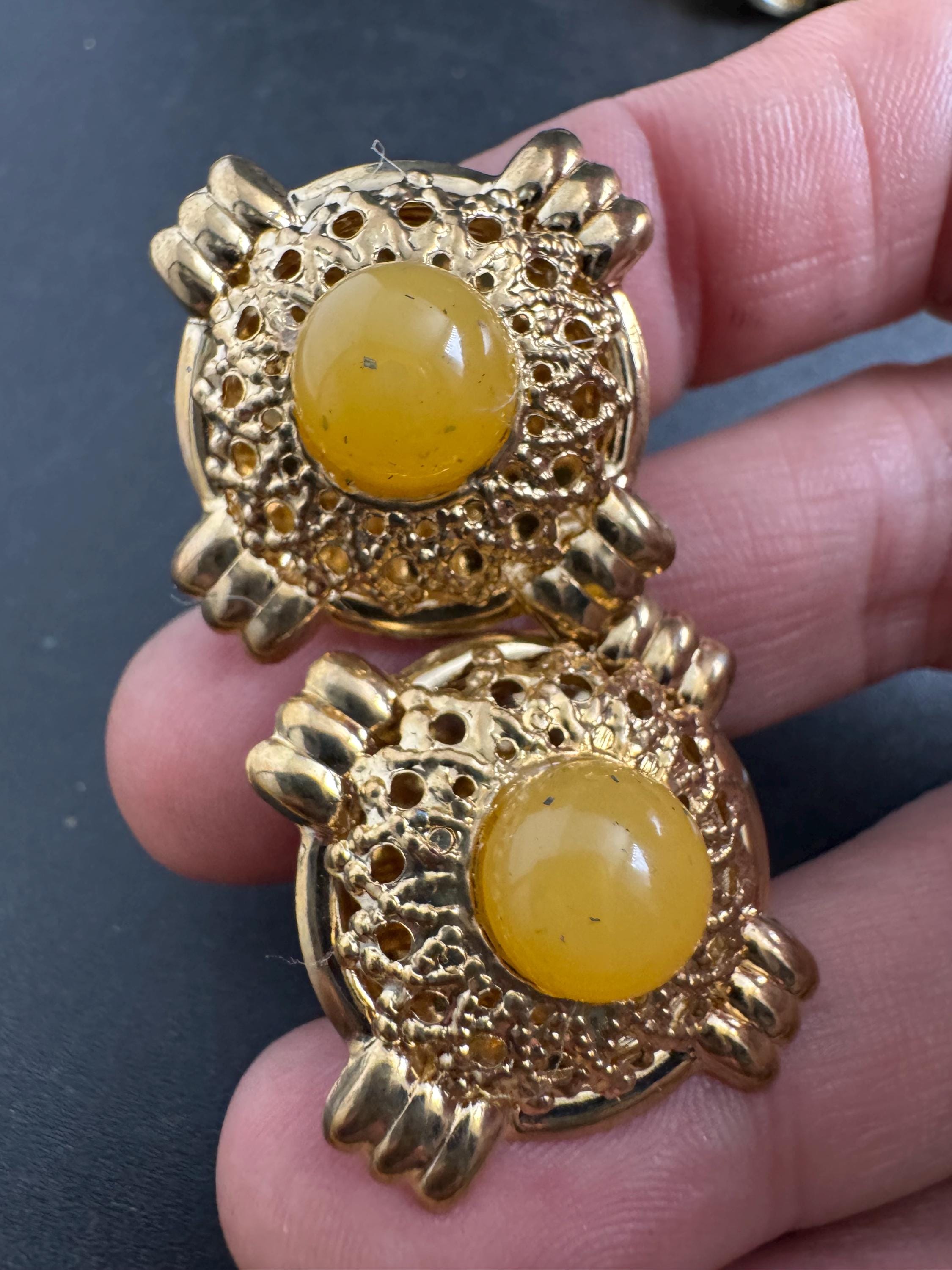 yellow cabochon clip on earrings, acrylic 1980s openwork