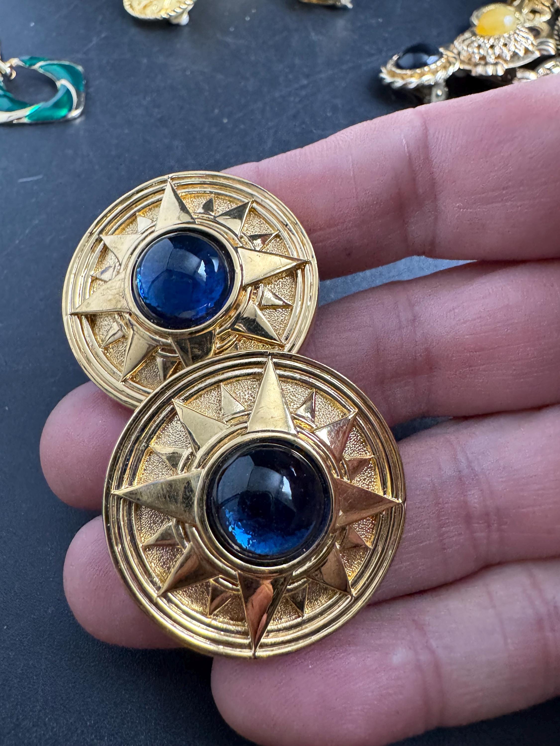 Sapphire blue cabouchon pierced Earrings: vintage Gripoix Etruscan star disc style