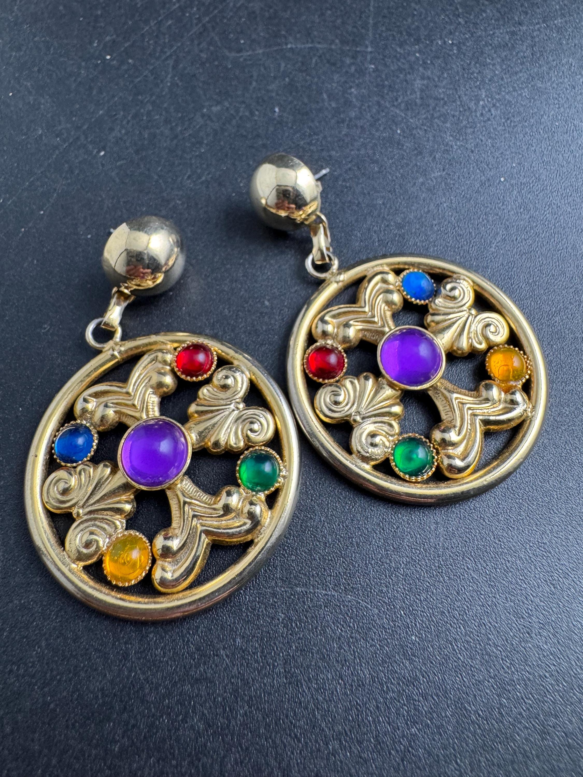 Vintage blue Red Green Cabochon Earrings: Gold tone pierced dangly   Dangle 1980s