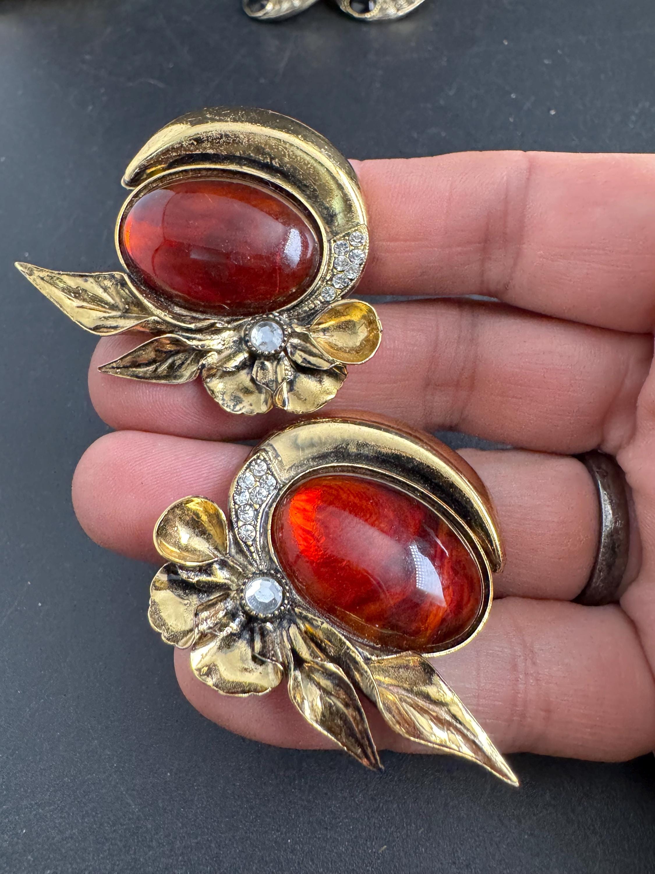 Italian oversized Oval Cabochon Clip On Earrings: Gold Tone, Red Brown (5cm) artisan