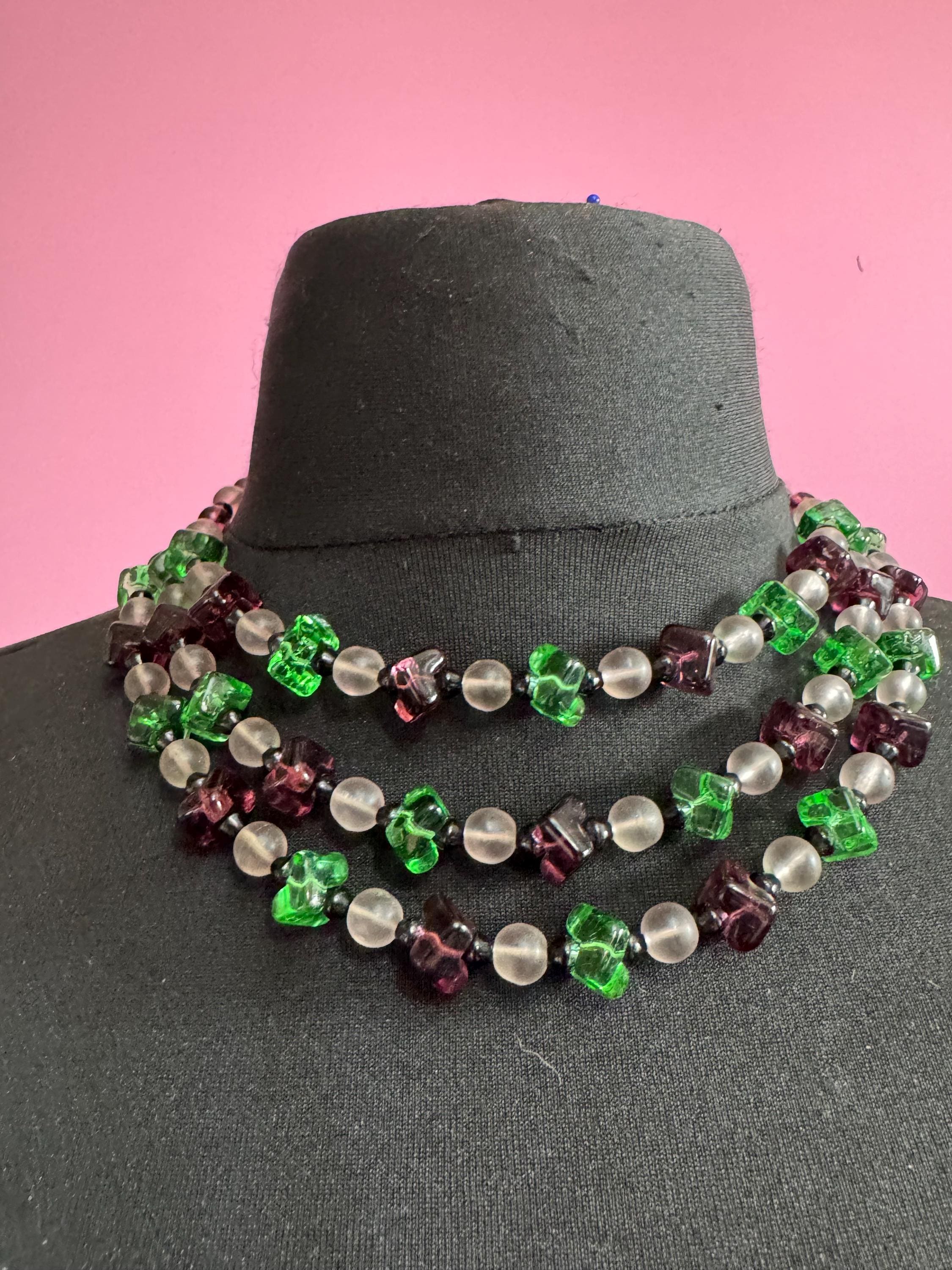 suffragette glass beaded Multistrand necklace, vintage purple white green beads , art deco period