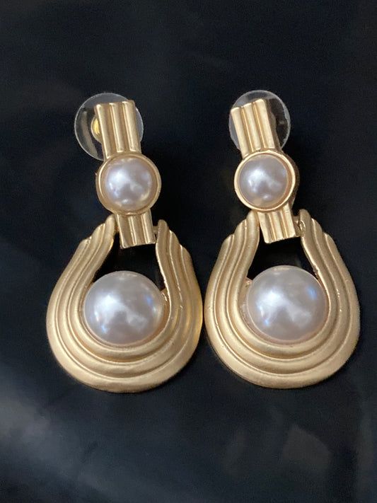 Modernist Etruscan pearl drop earrings gold tone