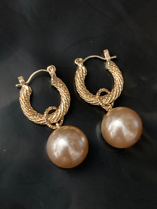 pearl ball drop hoop earrings gold tone