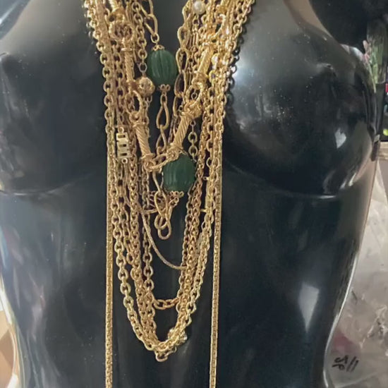 19” 63cm long 1980s thick gold plated fancy link glass crystal bezel beaded station necklace