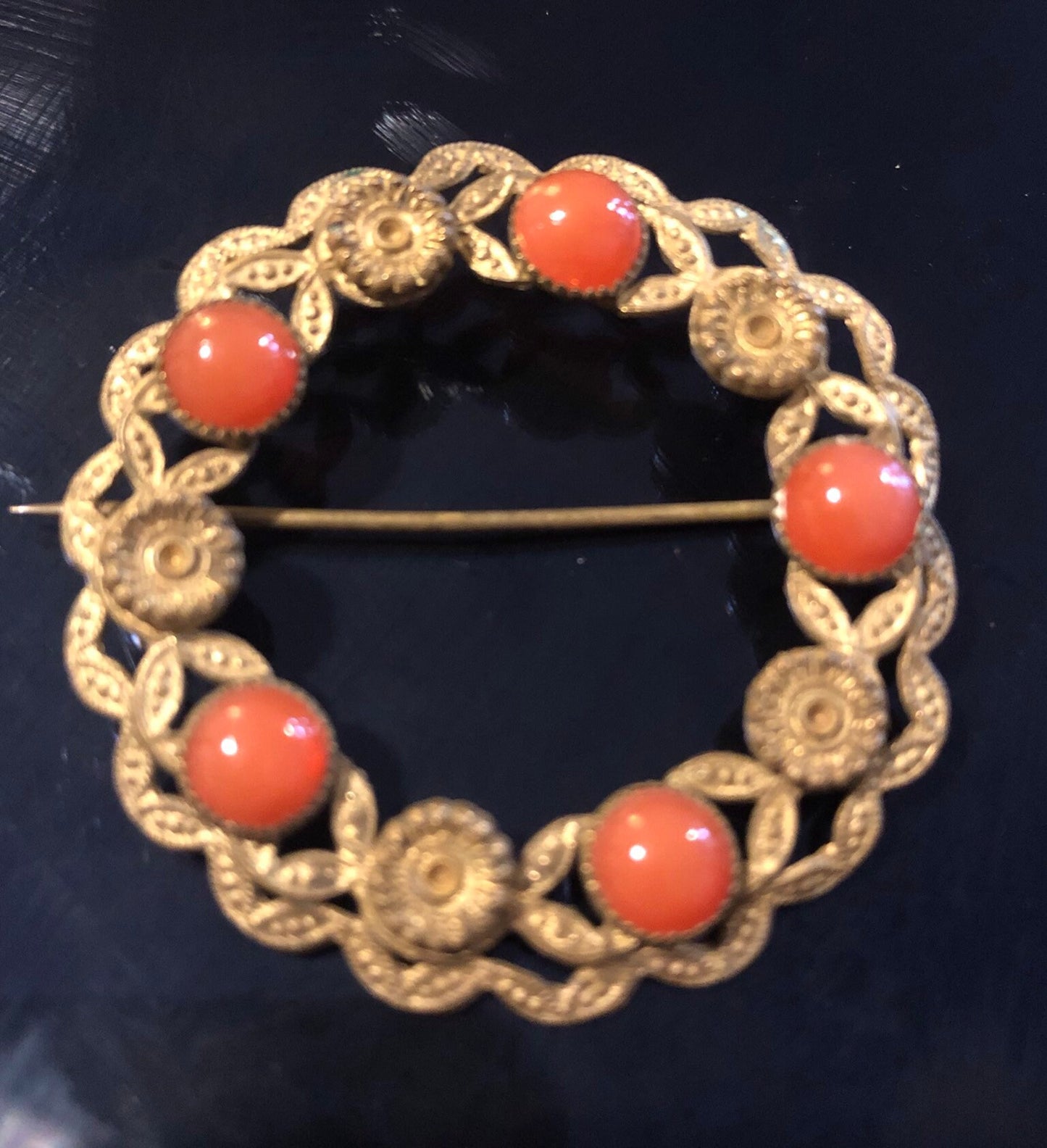 Czech brass gilt metal leaf brooch with faux coral glass cabochons