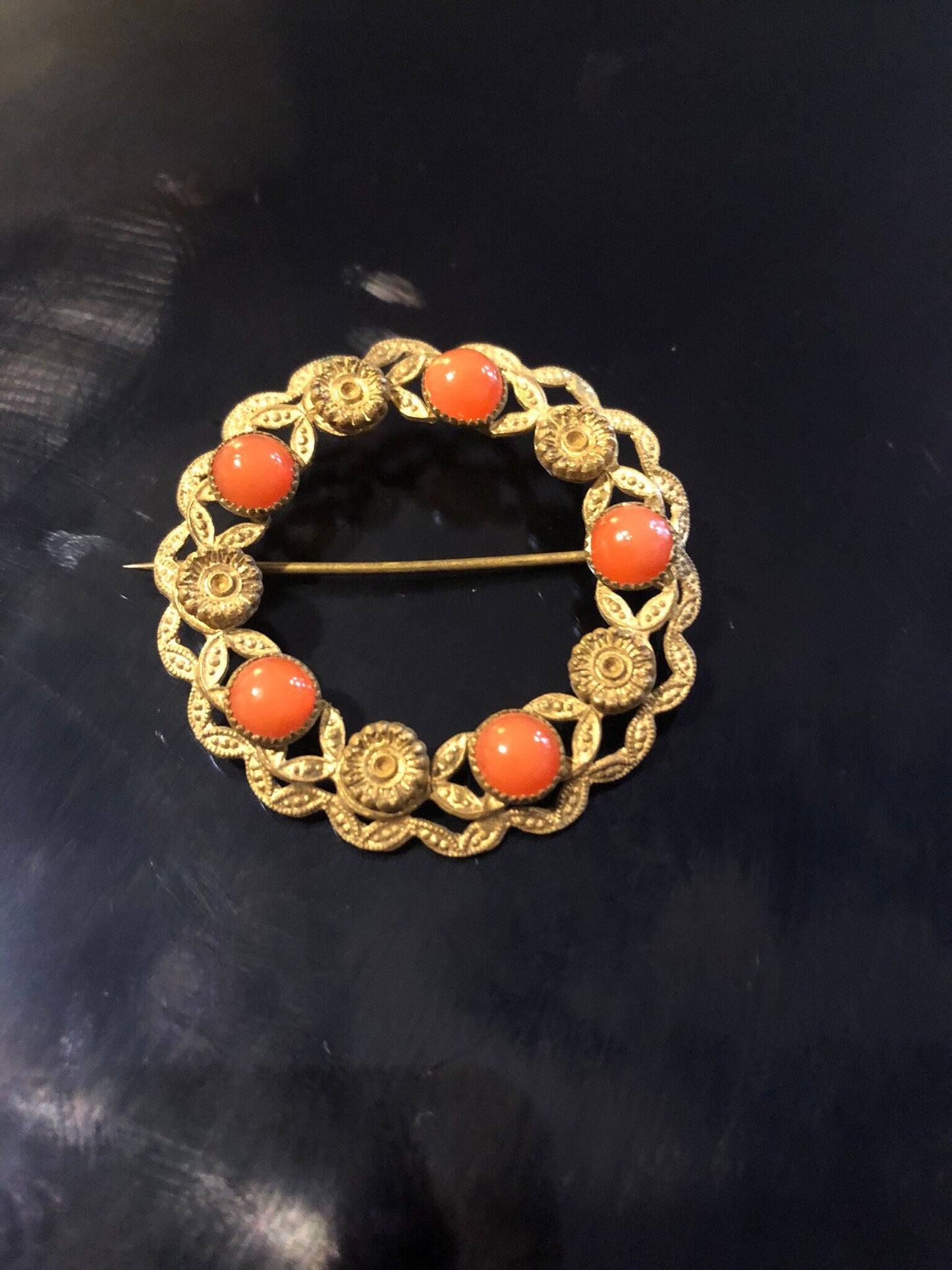 Czech brass gilt metal leaf brooch with faux coral glass cabochons