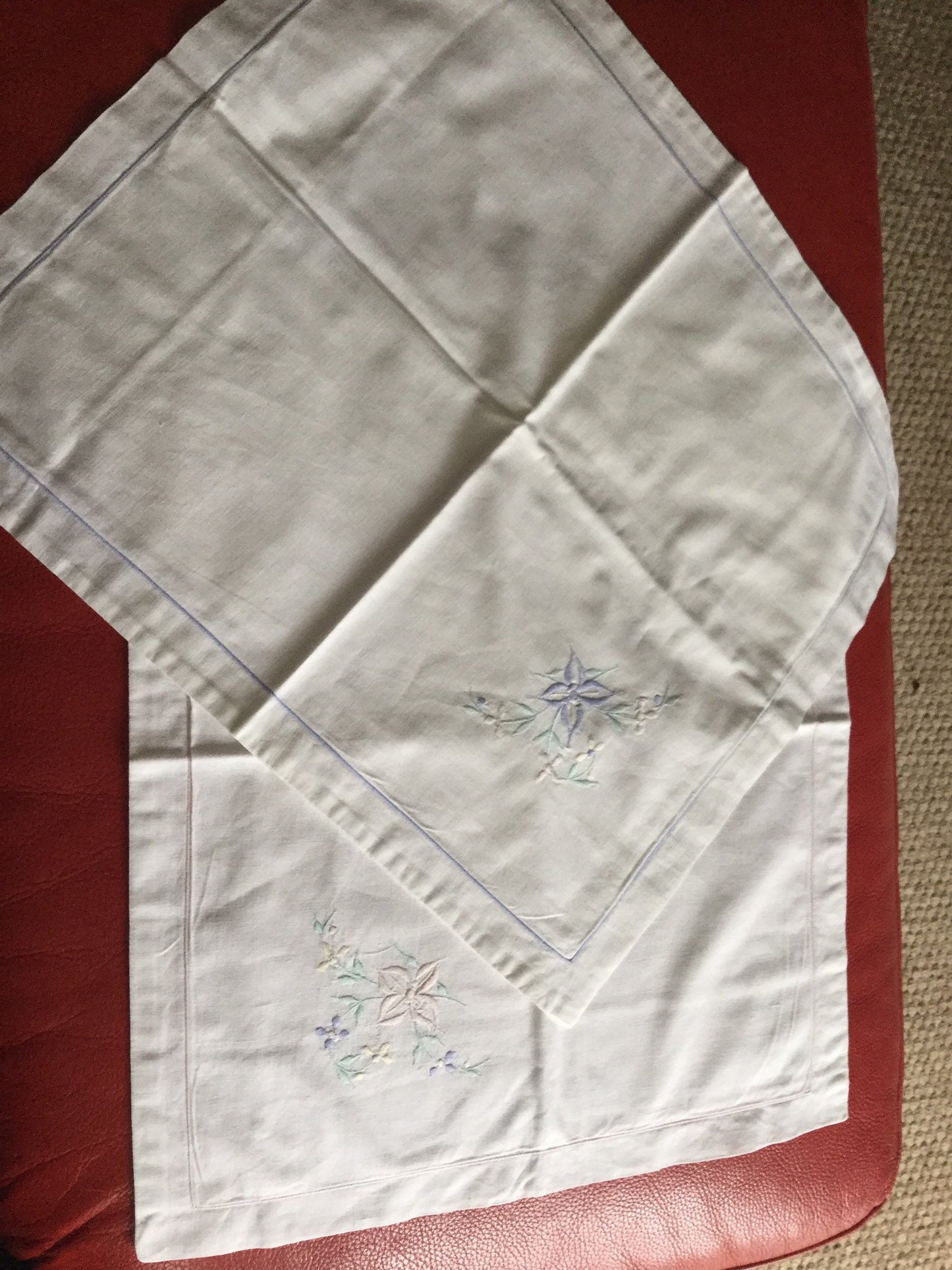 Pair his and hers pink blue pair of white cotton embroidered guest pillowcases with floral roses 16 x 18