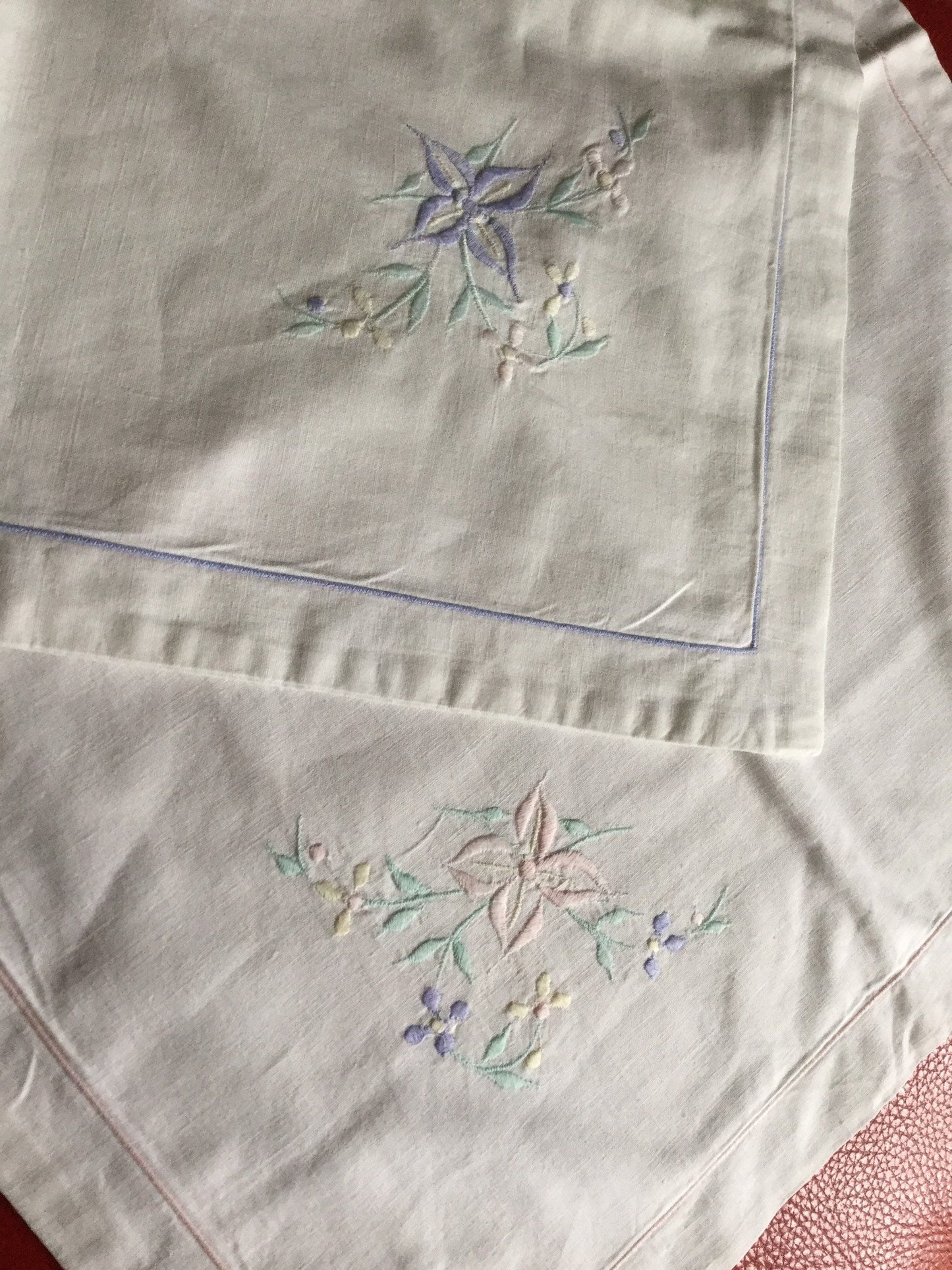 Pair his and hers pink blue pair of white cotton embroidered guest pillowcases with floral roses 16 x 18