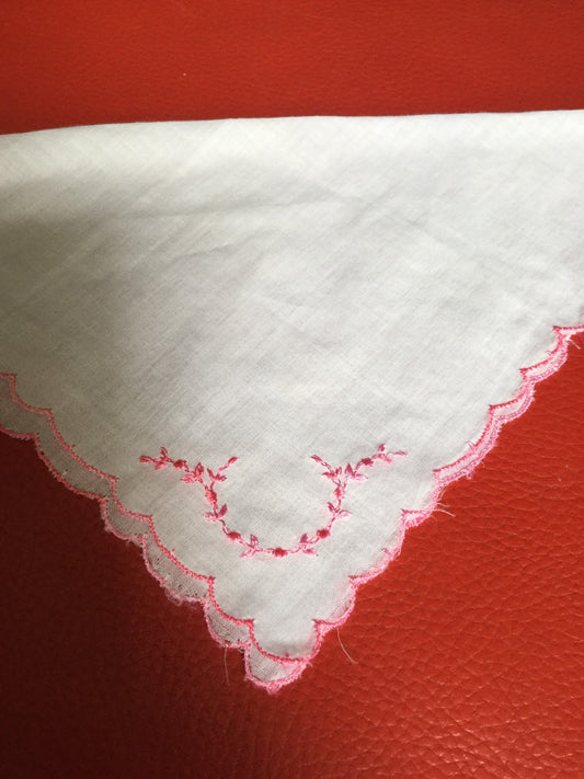 Vintage Retro White Pink Floral Ditsy Cotton linen Handkerchief Hanky Hankie Embroidered Bridal