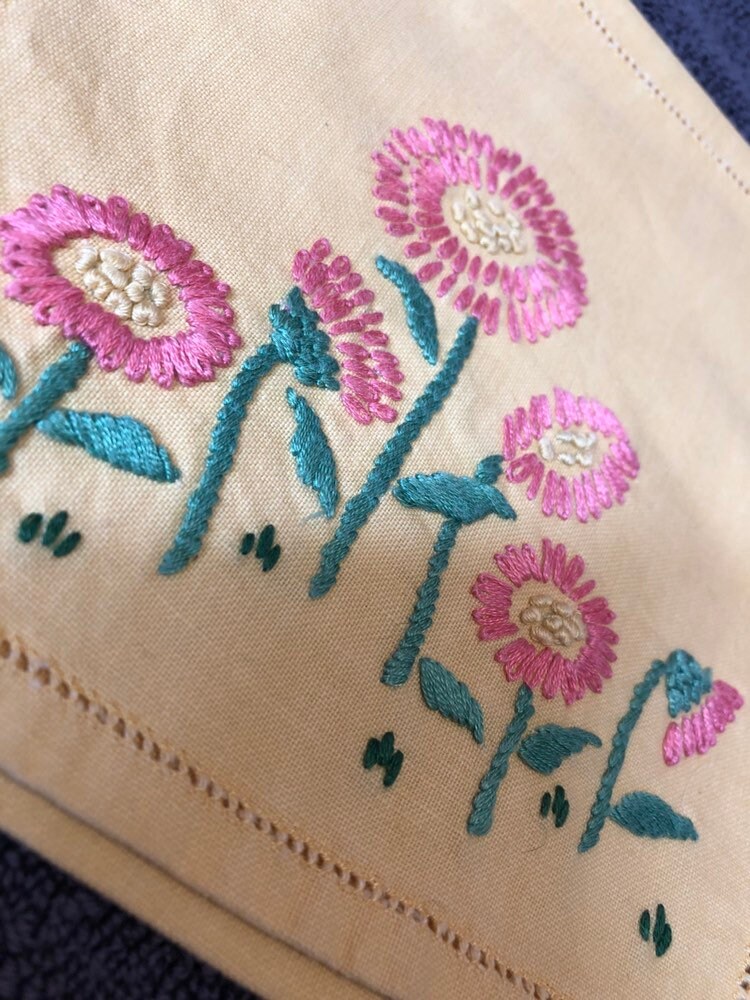 Mustard yellow linen cotton Handkerchief case hankie case embroidered floral