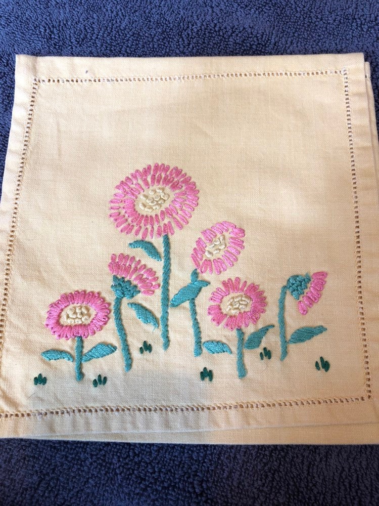 Mustard yellow linen cotton Handkerchief case hankie case embroidered floral