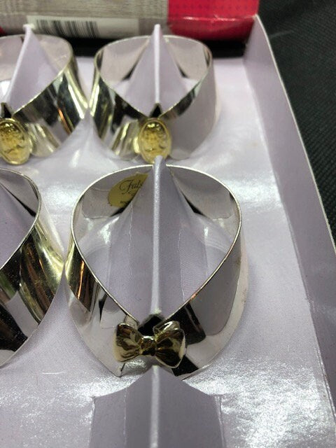 Falstaff His and Hers Vintage Set of 4 Silver Novelty Napkin Rings 1 x gold bow ties 3 x gold cameo