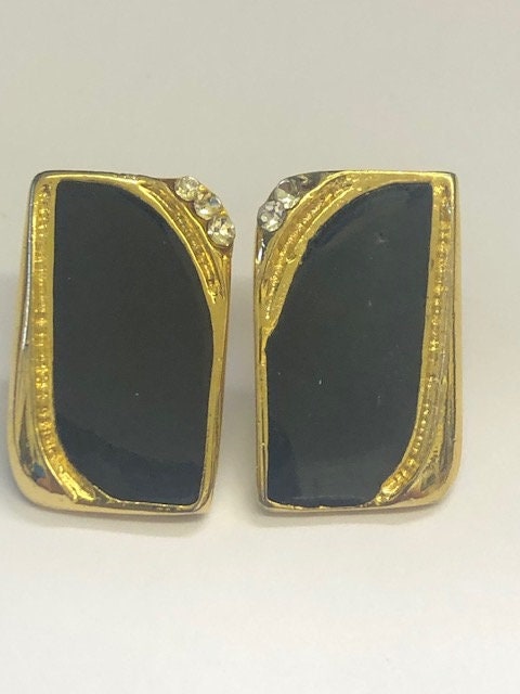 Vintage Gold tone Black enamel Diamante Paste pair stud earrings
