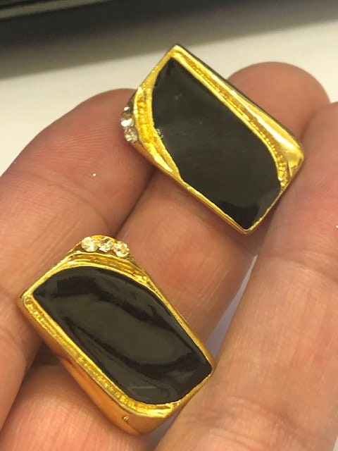 Vintage Gold tone Black enamel Diamante Paste pair stud earrings