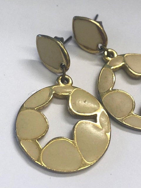 Vintage Gold tone Natural Beige Neutral Cream gold drop enamel pair stud earrings