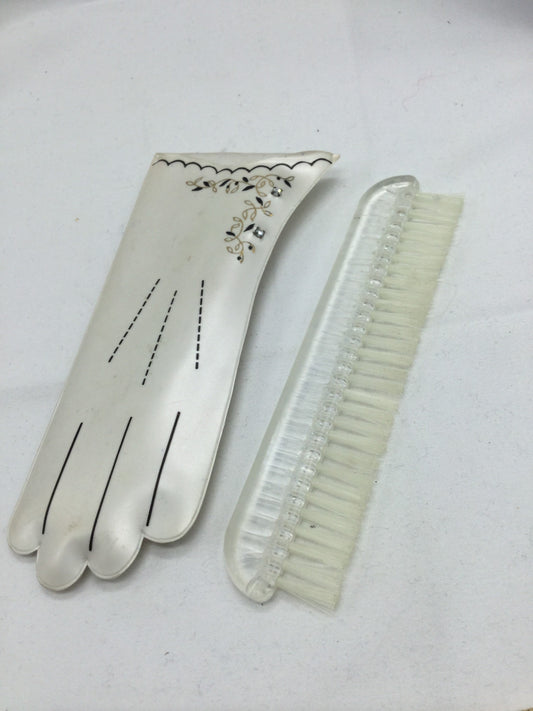 Vintage retro clear plastic glove brush and celluloid case opera elbow length formal and day gloves