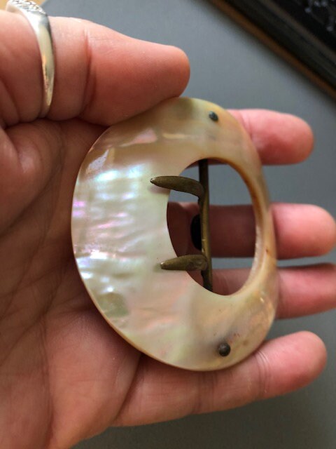 XL round Large MOP Mother of Pearl Carved Ornate 2 prong Belt Buckle