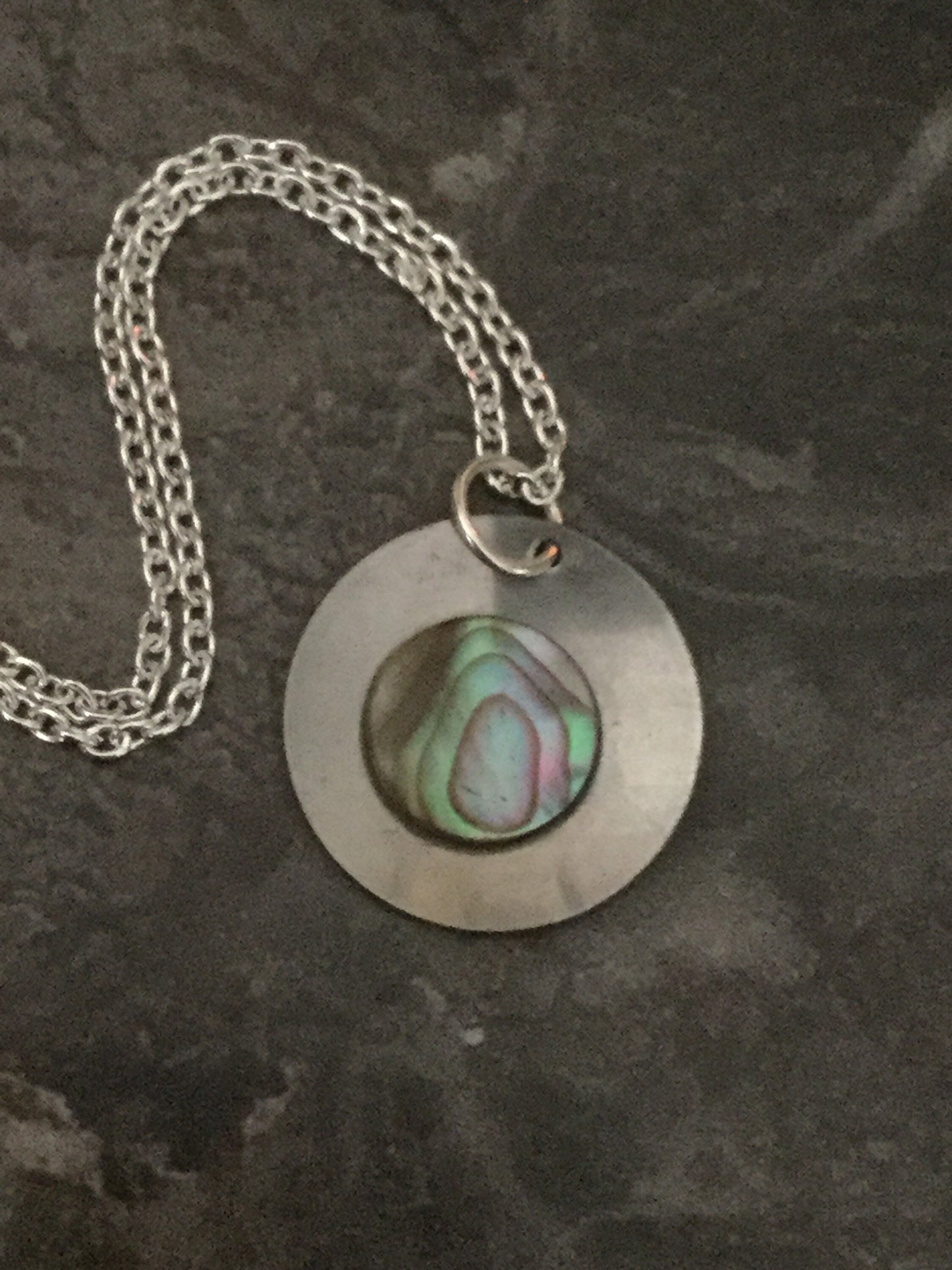 Vintage Modernist silver tone stainless steel necklace chain with central abalone shell