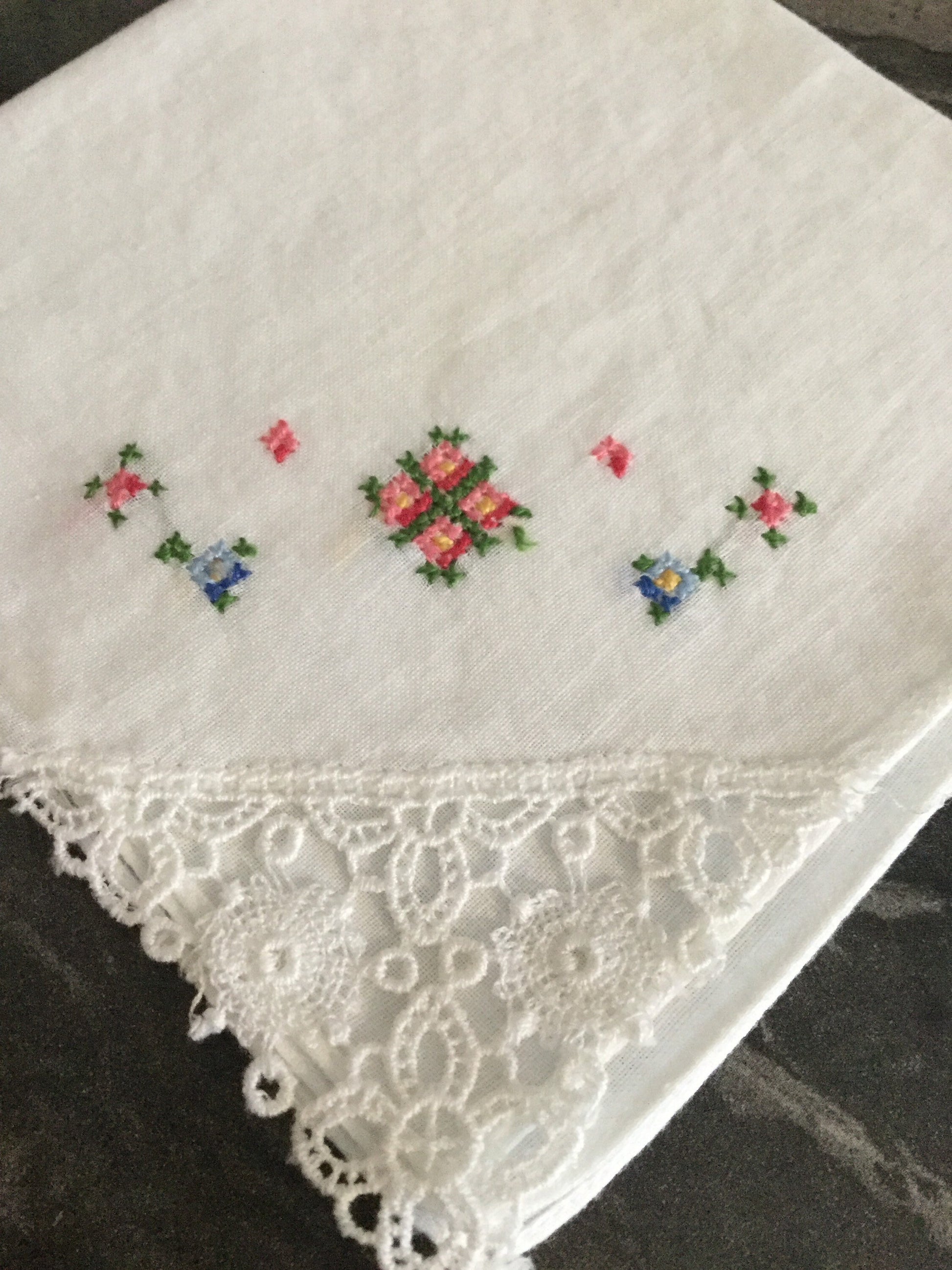 Vintage Retro White Pink Floral Cotton Handkerchief Hankie