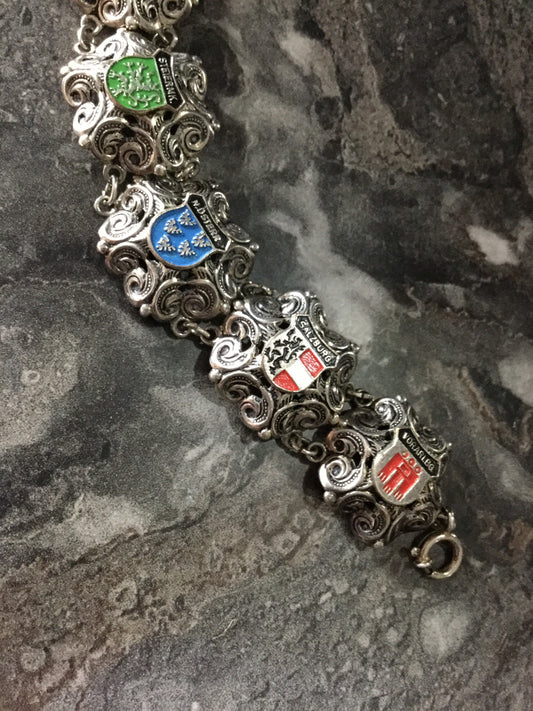 Austrian Vintage enamel Silver Tone Souvenir tourist panel link bracelet Austria Salzburg