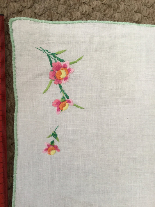 Vintage tray cloth of dressing tablecloth pretty pink yellow embroidered flowers floral