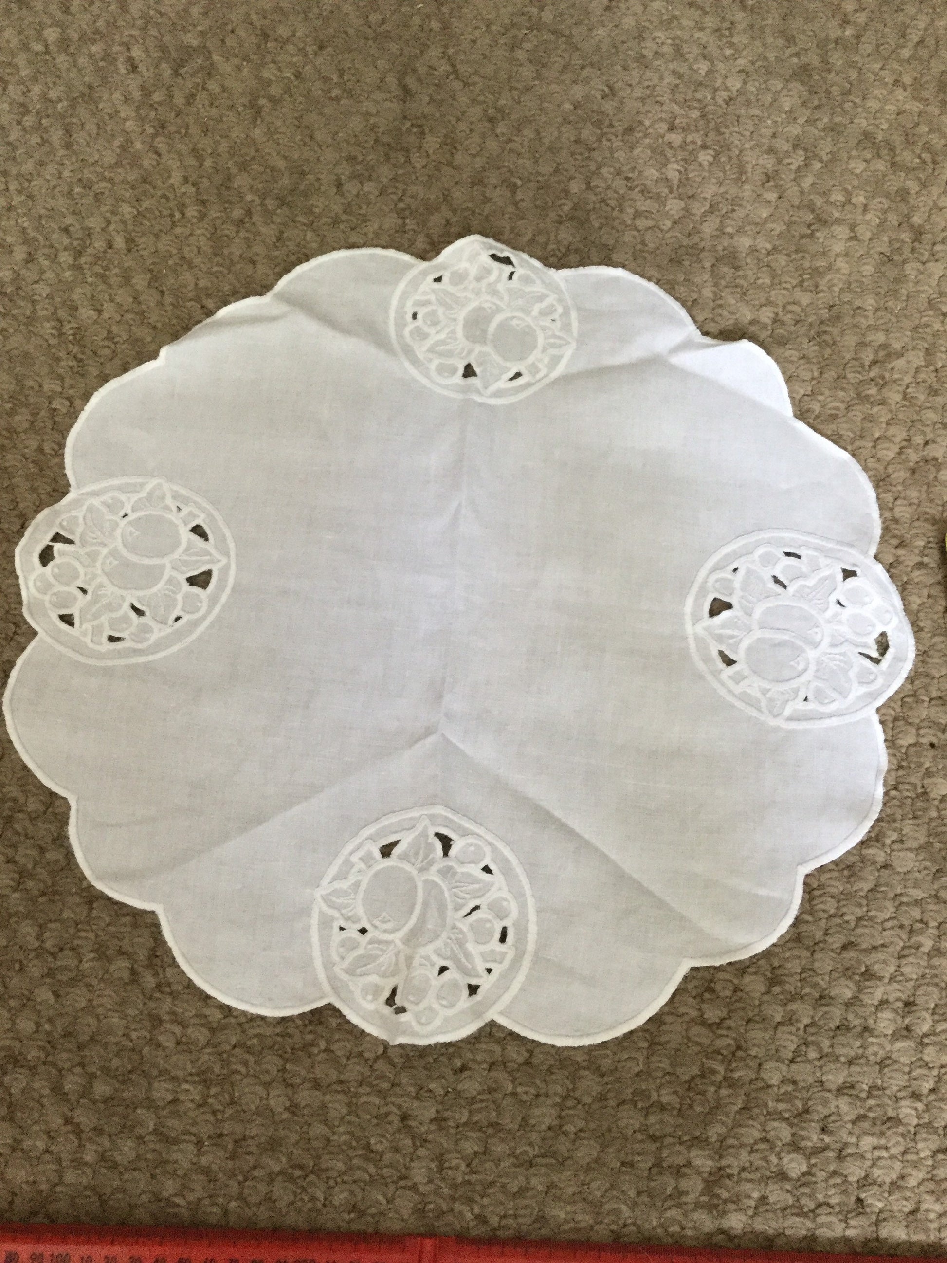 Vintage tray cloth of dressing tablecloth white cotton basket fruit flowers