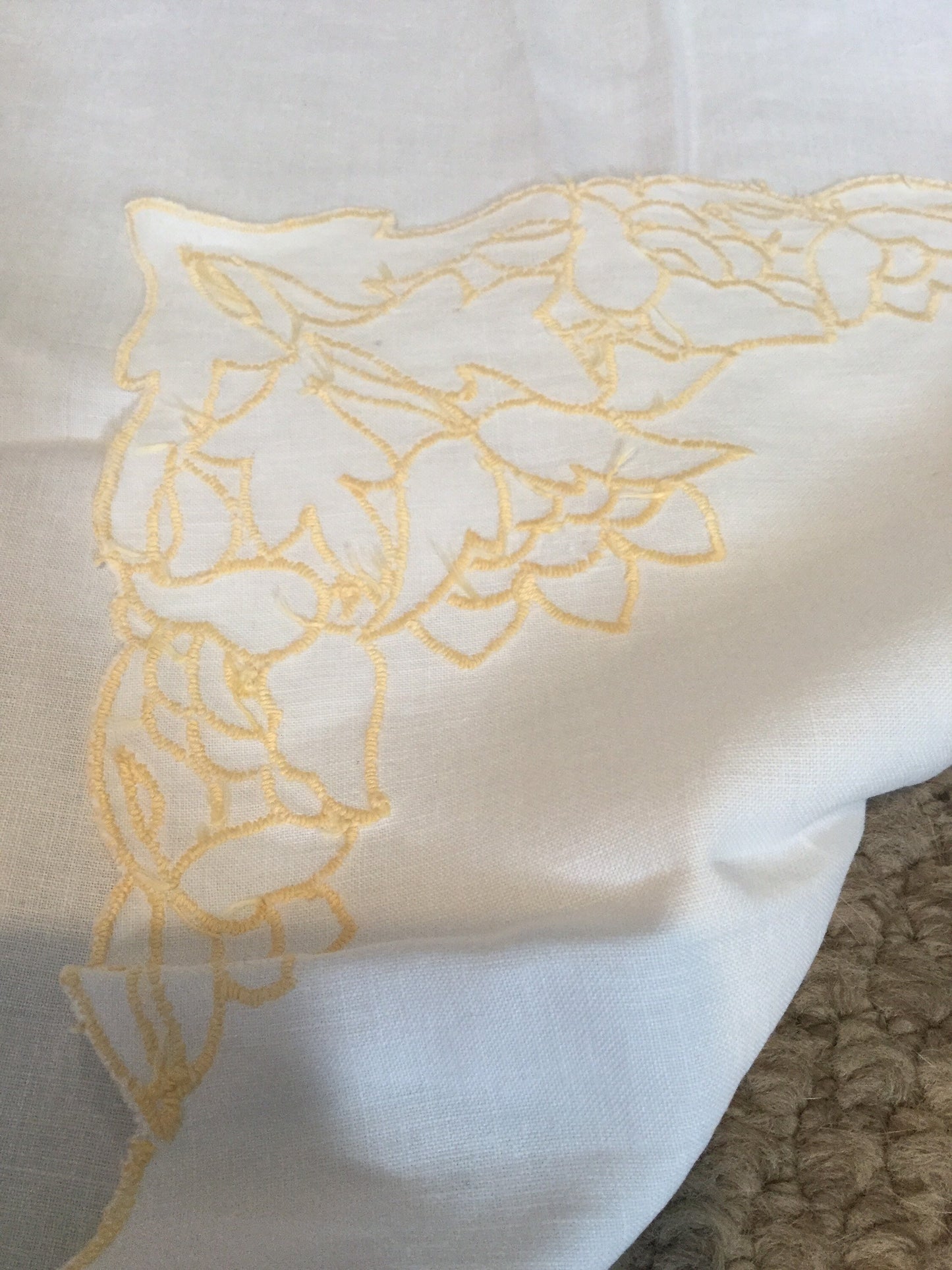 Antique Vintage table cloth off white heavy cotton or linen square gold embroidered floral tablecloth