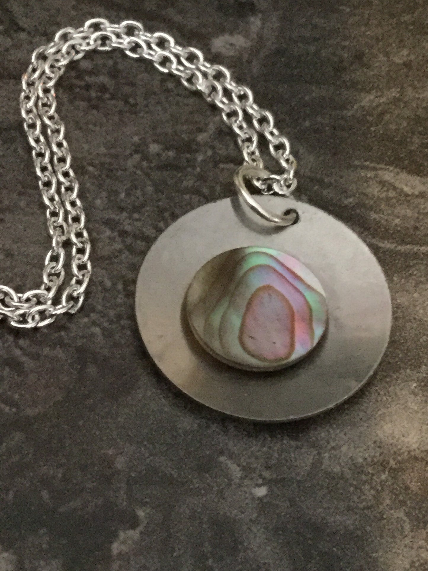 Vintage Modernist silver tone stainless steel necklace chain with central abalone shell