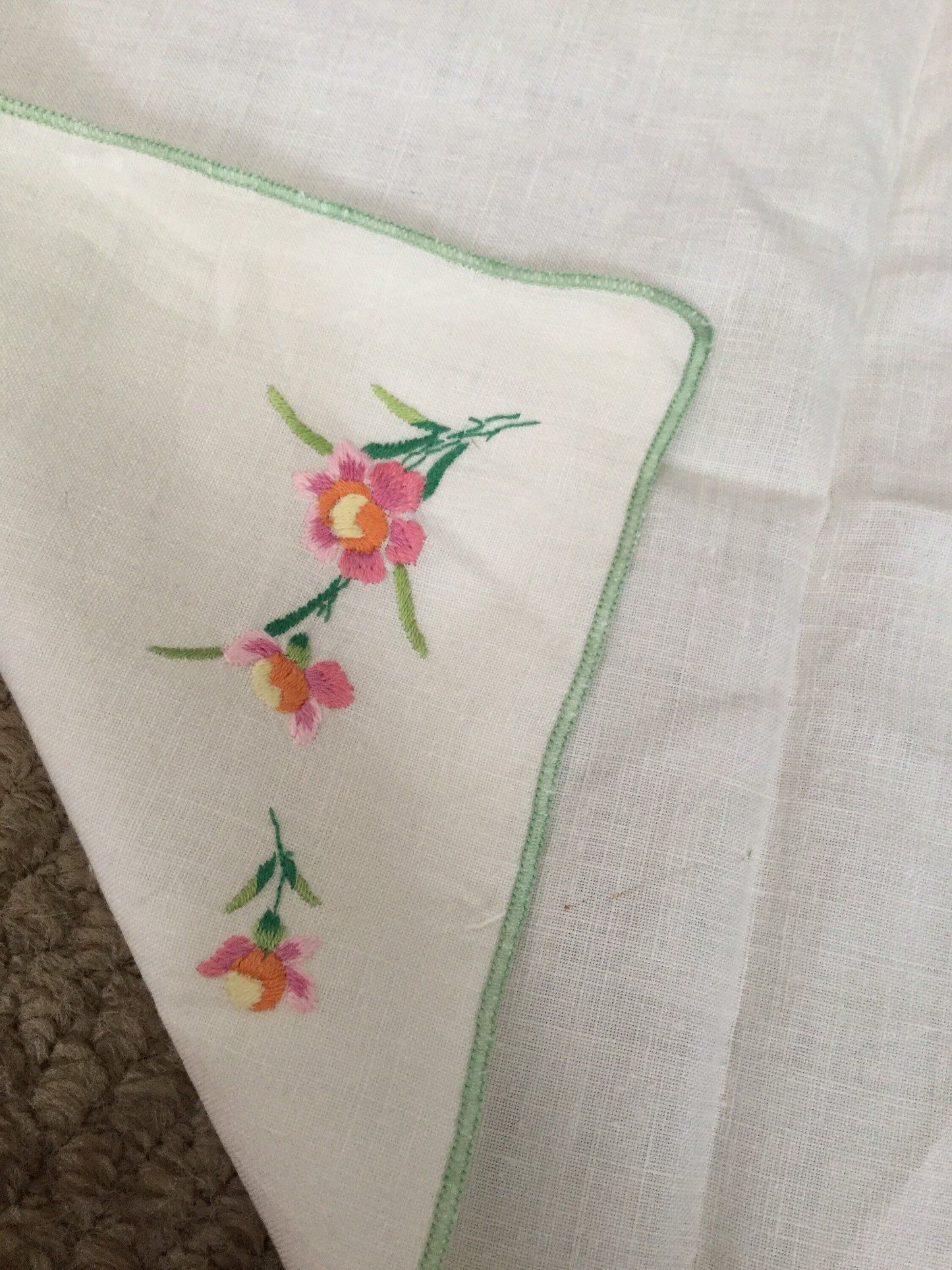 Vintage tray cloth of dressing tablecloth pretty pink yellow embroidered flowers floral
