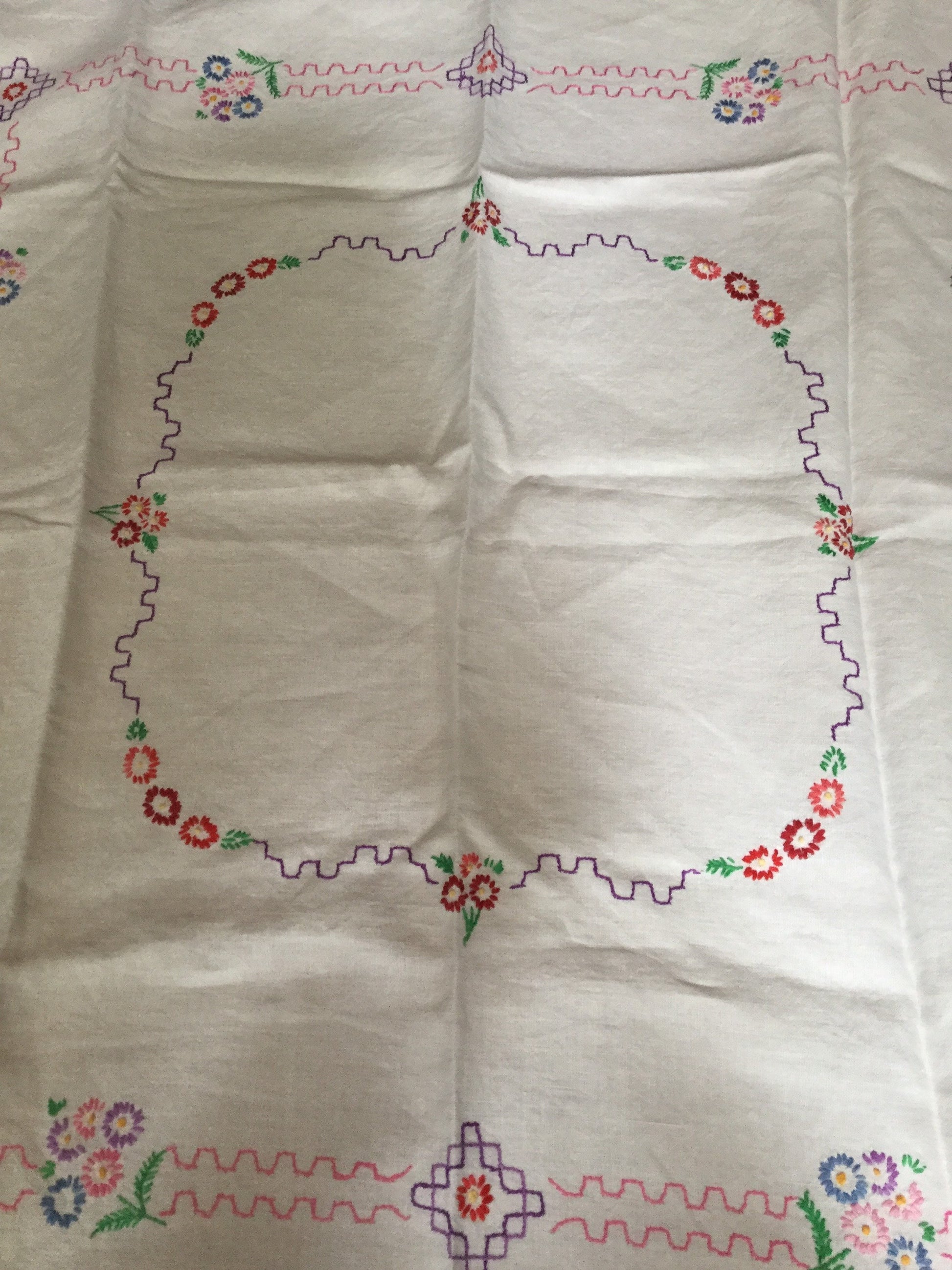 Vintage square side table cloth off white square embroidered floral tablecloth pink blue yellow