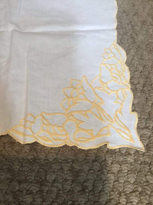 Antique Vintage table cloth off white heavy cotton or linen square gold embroidered floral tablecloth