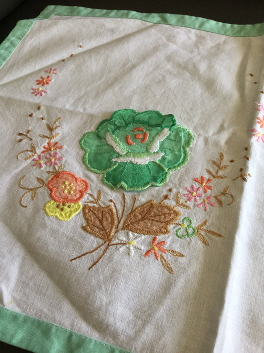 Vintage embroidered pretty floral linen tray cloth place setting mat
