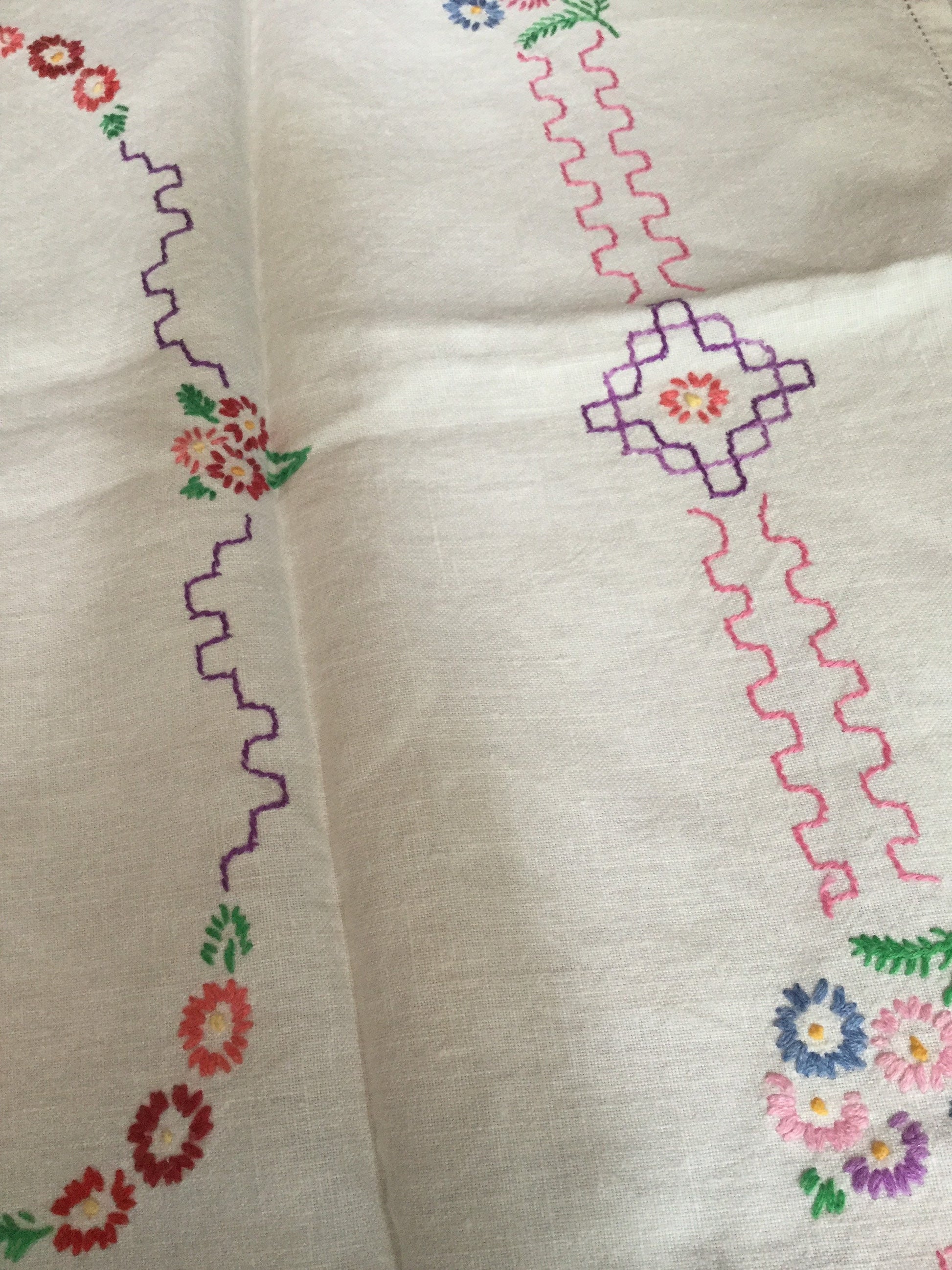 Vintage square side table cloth off white square embroidered floral tablecloth pink blue yellow