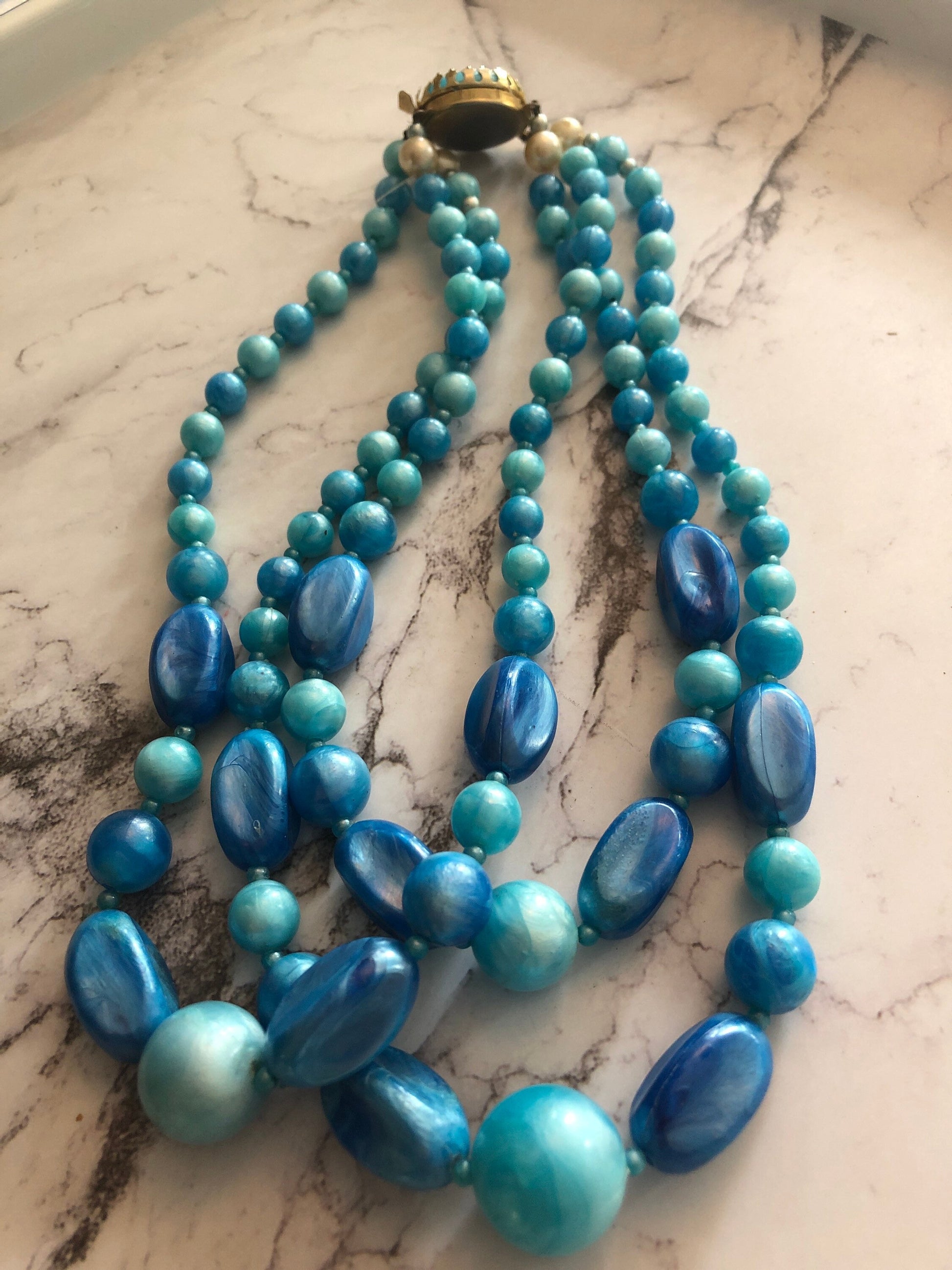 1960s triple strand blue plastic bead and pearl beaded wide choker bib waterfall necklace length