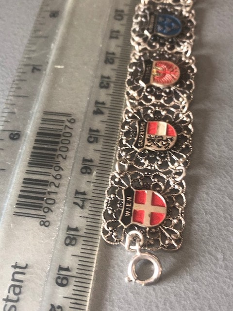 Austrian Vintage enamel Silver Tone Souvenir tourist panel link bracelet Austria Salzburg Tirol