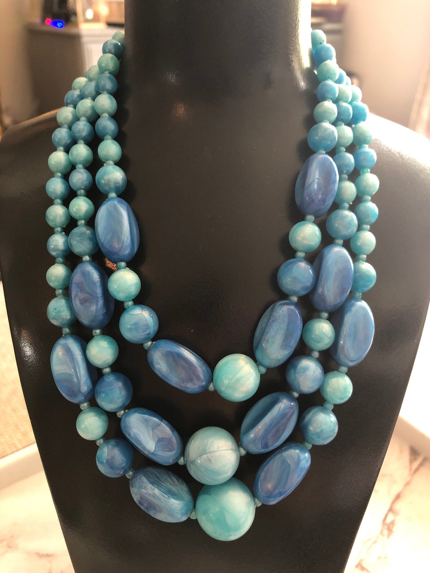 1960s triple strand blue plastic bead and pearl beaded wide choker bib waterfall necklace length