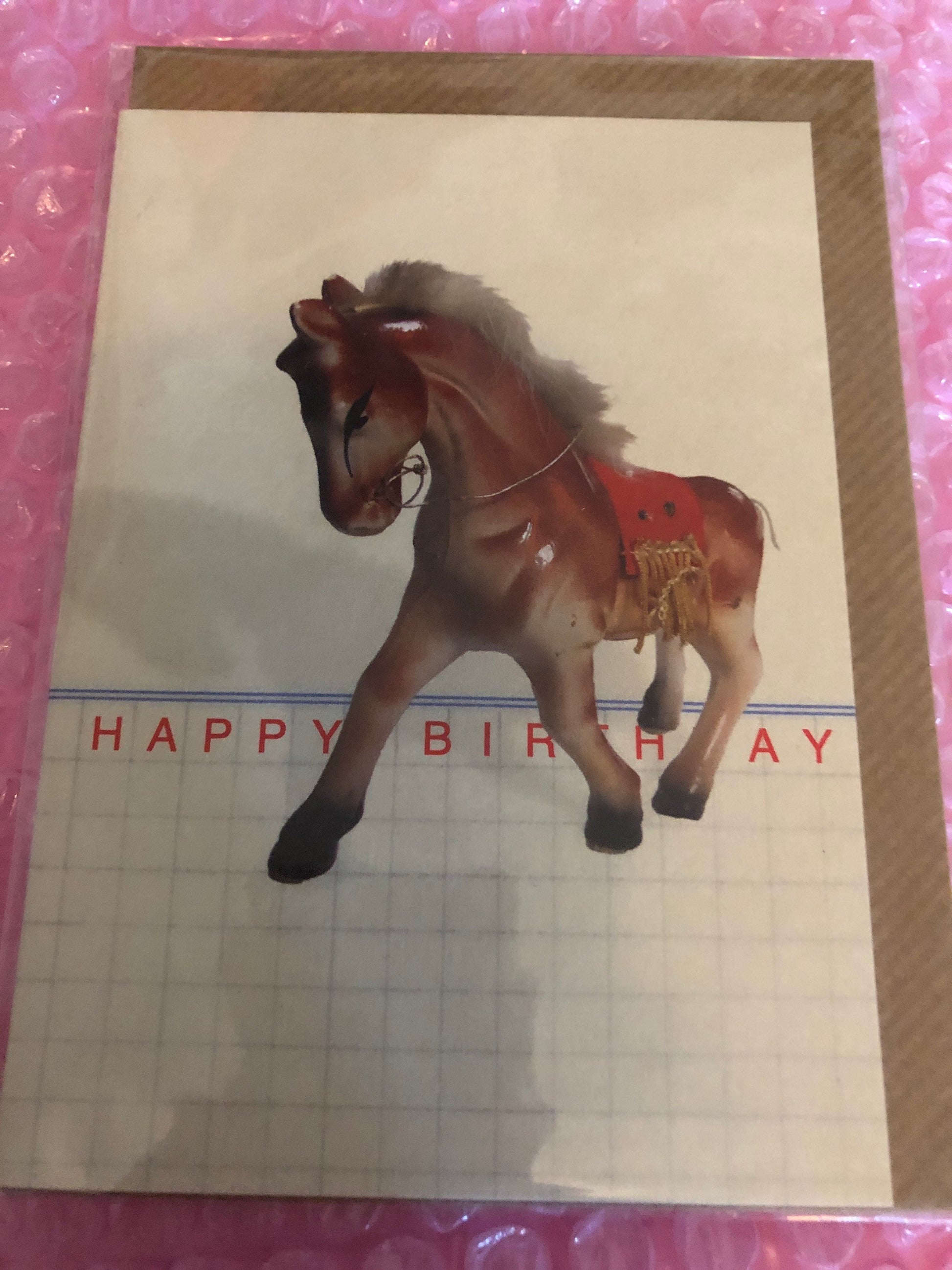 Vintage retro kitsch happy birthday card 1950s 1960s ceramic horse pony card