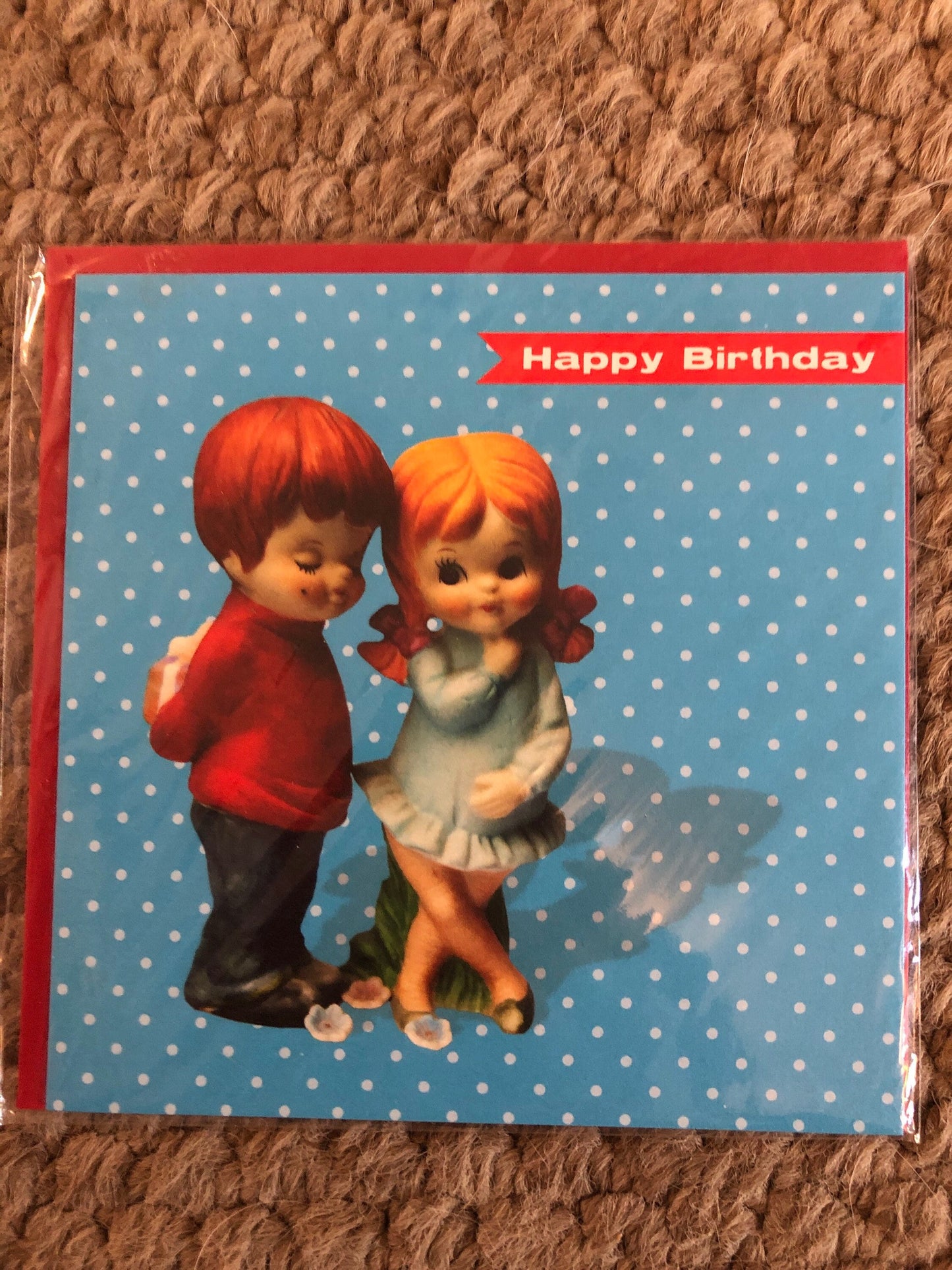 Vintage retro kitsch happy birthday card 1950s 1960s little boy with gift for girl