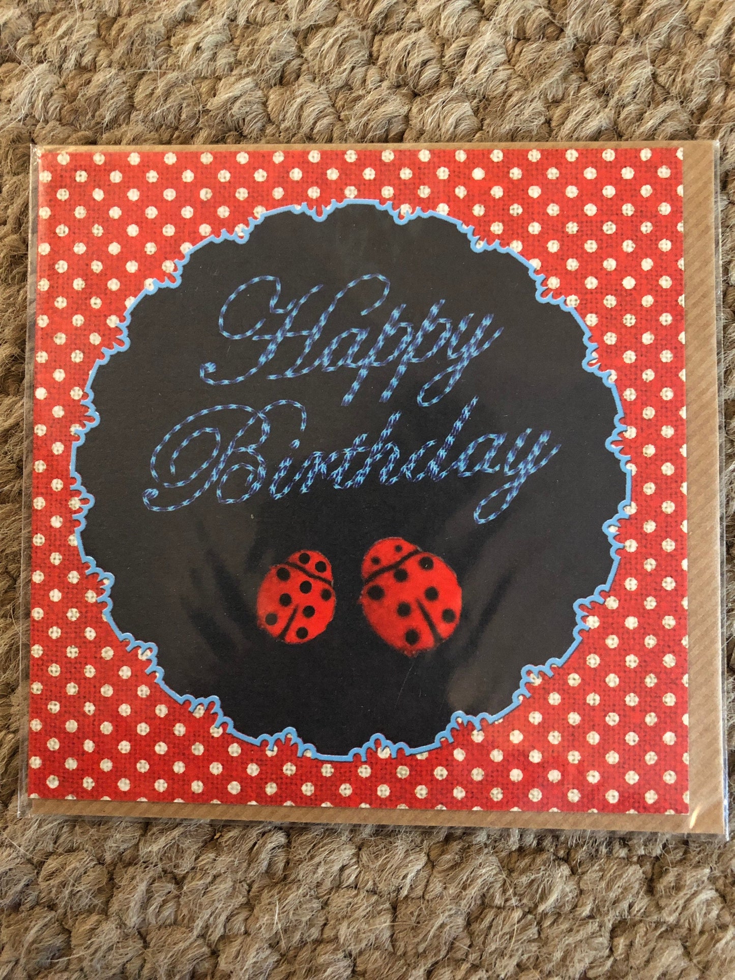 Vintage retro kitsch happy birthday card 1950s 1960s cute sewn ladybirds