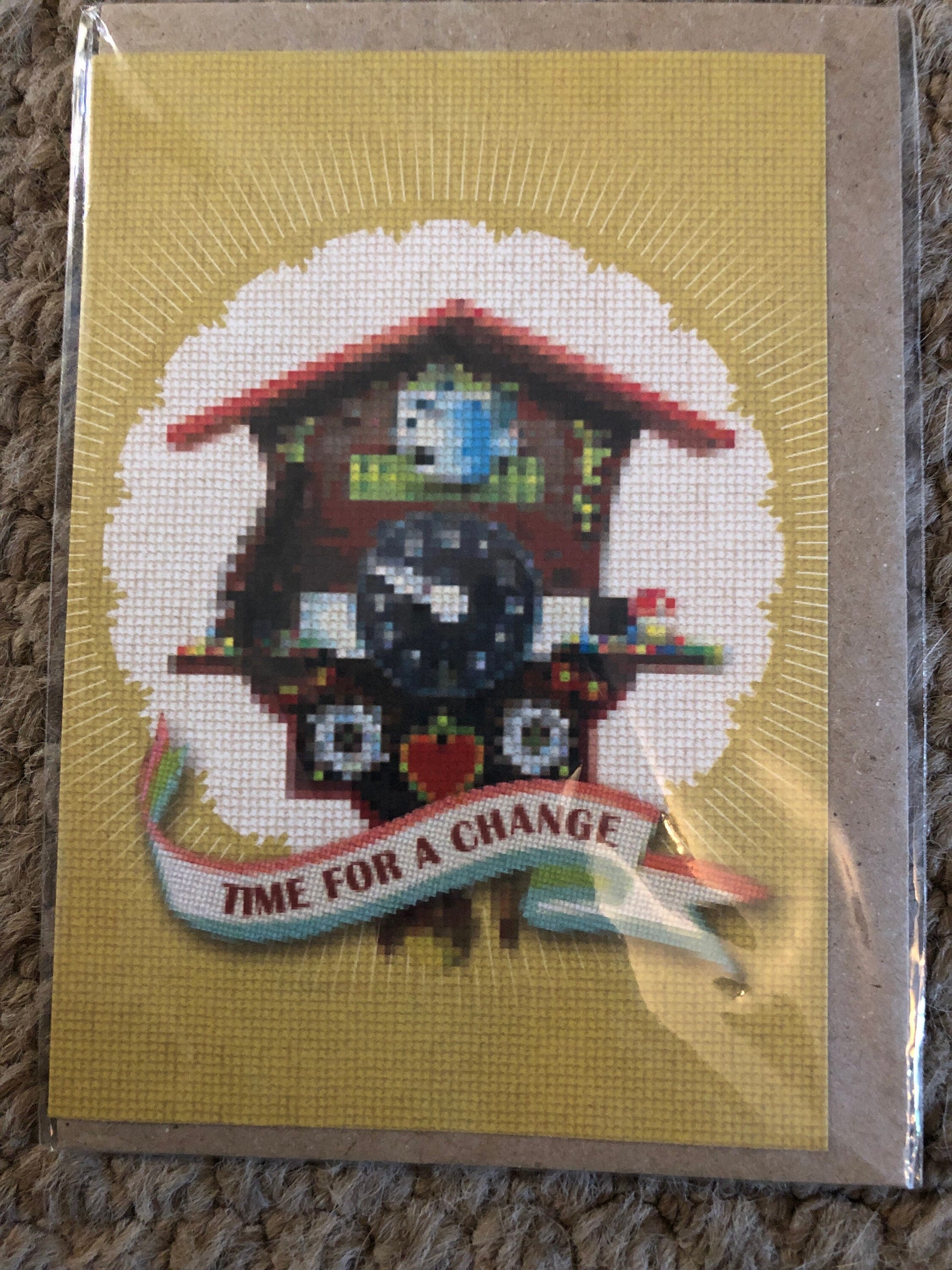 TIME For a CHANGE retro kitsch greetings card cross-stitch cuckoo clock German