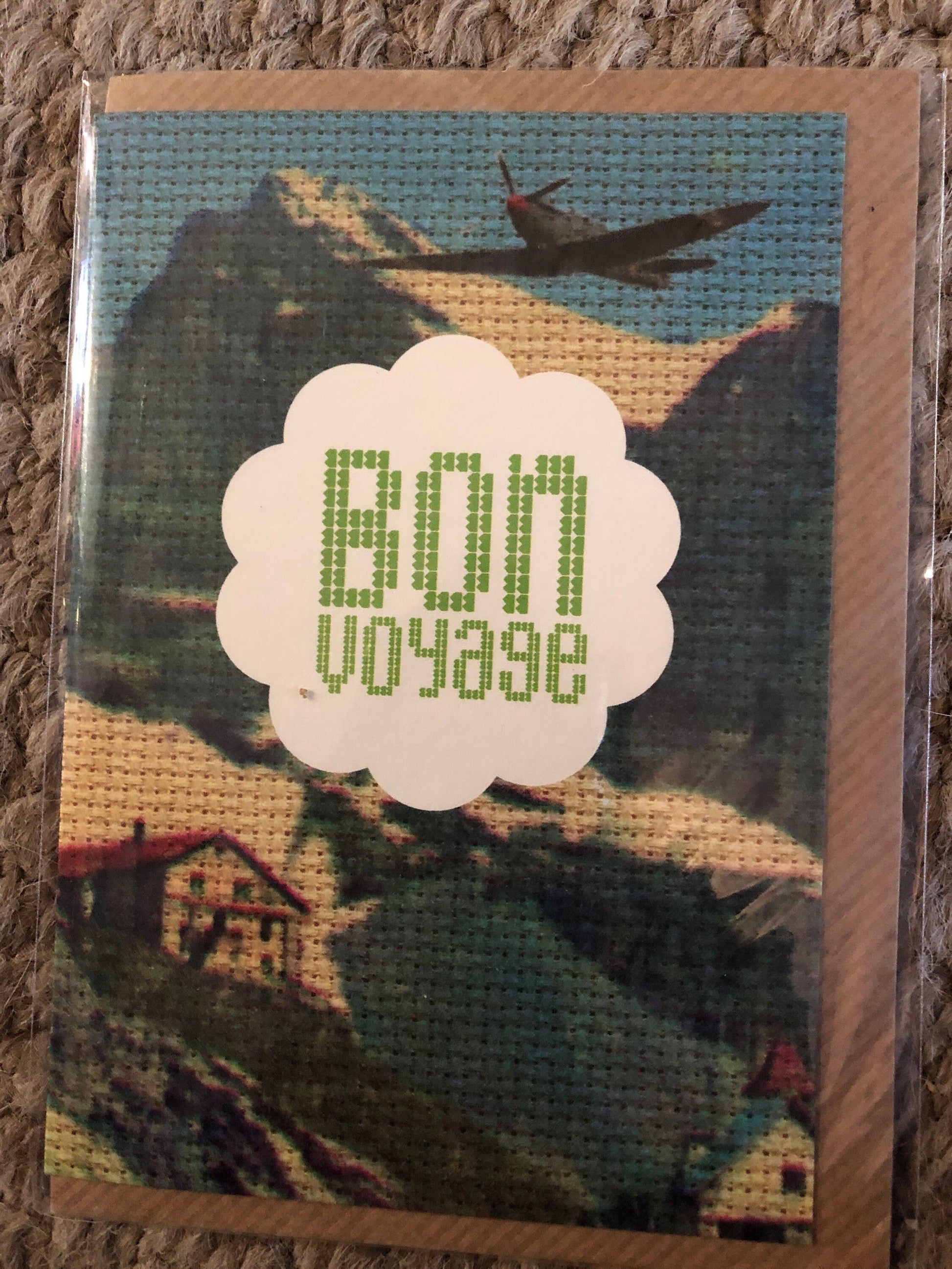 BON VOYAGE Free uk postage Vintage retro kitsch greetings card 1950s 1960s cross-stitch Swiss German chalet
