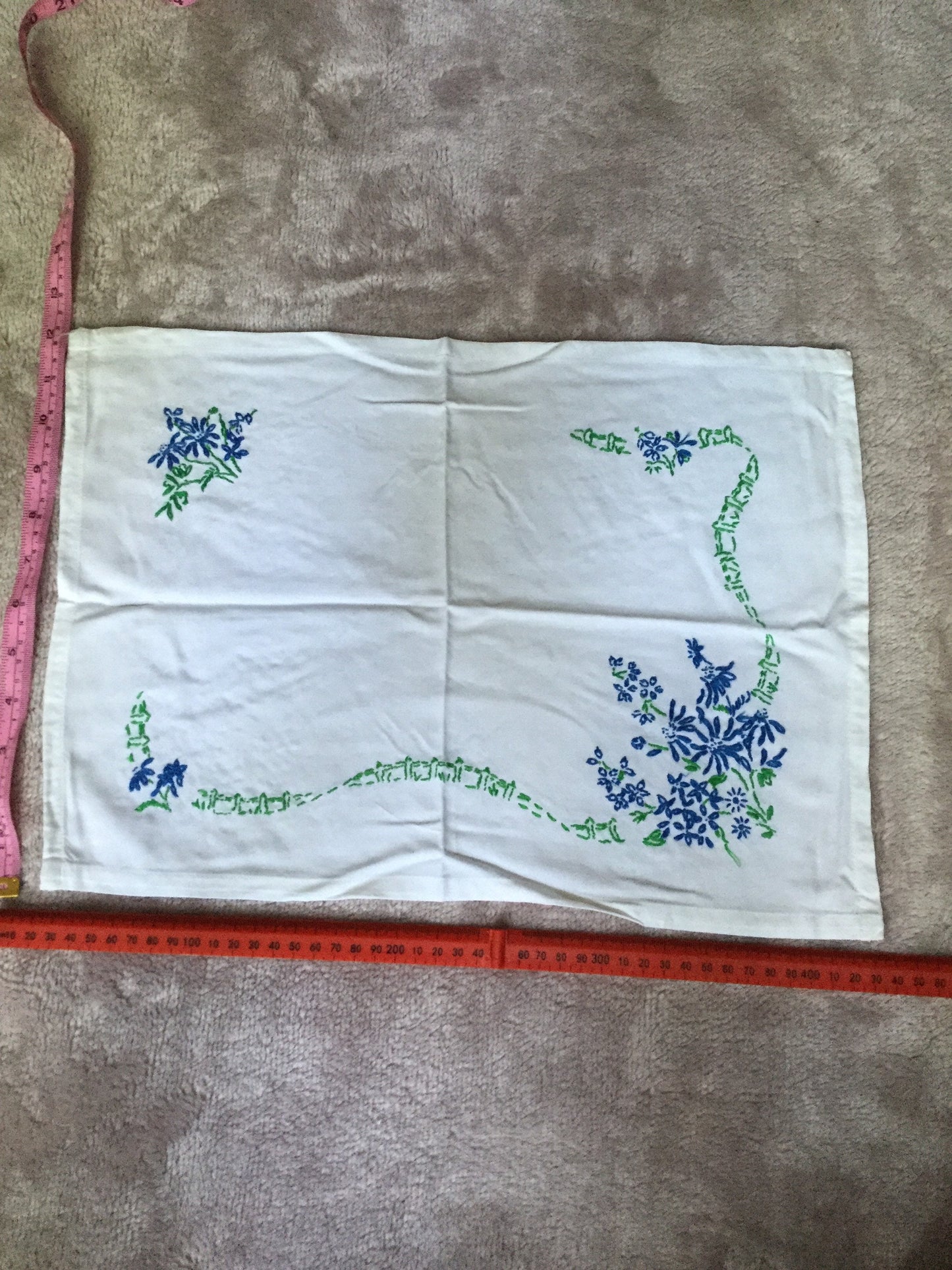 Vintage tray cloth of dressing table cloth pretty blue green embroidered flowers