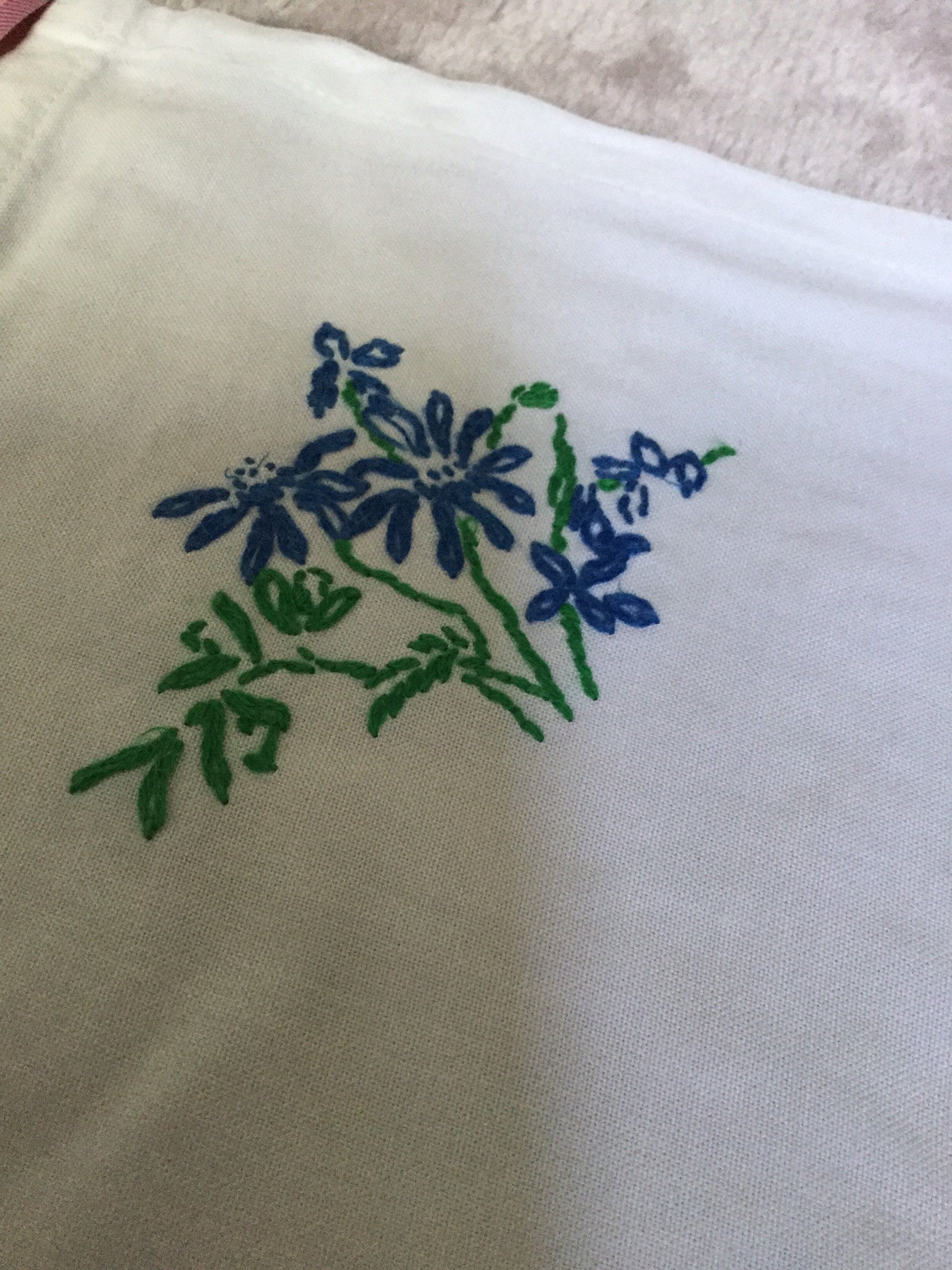 Vintage tray cloth of dressing table cloth pretty blue green embroidered flowers