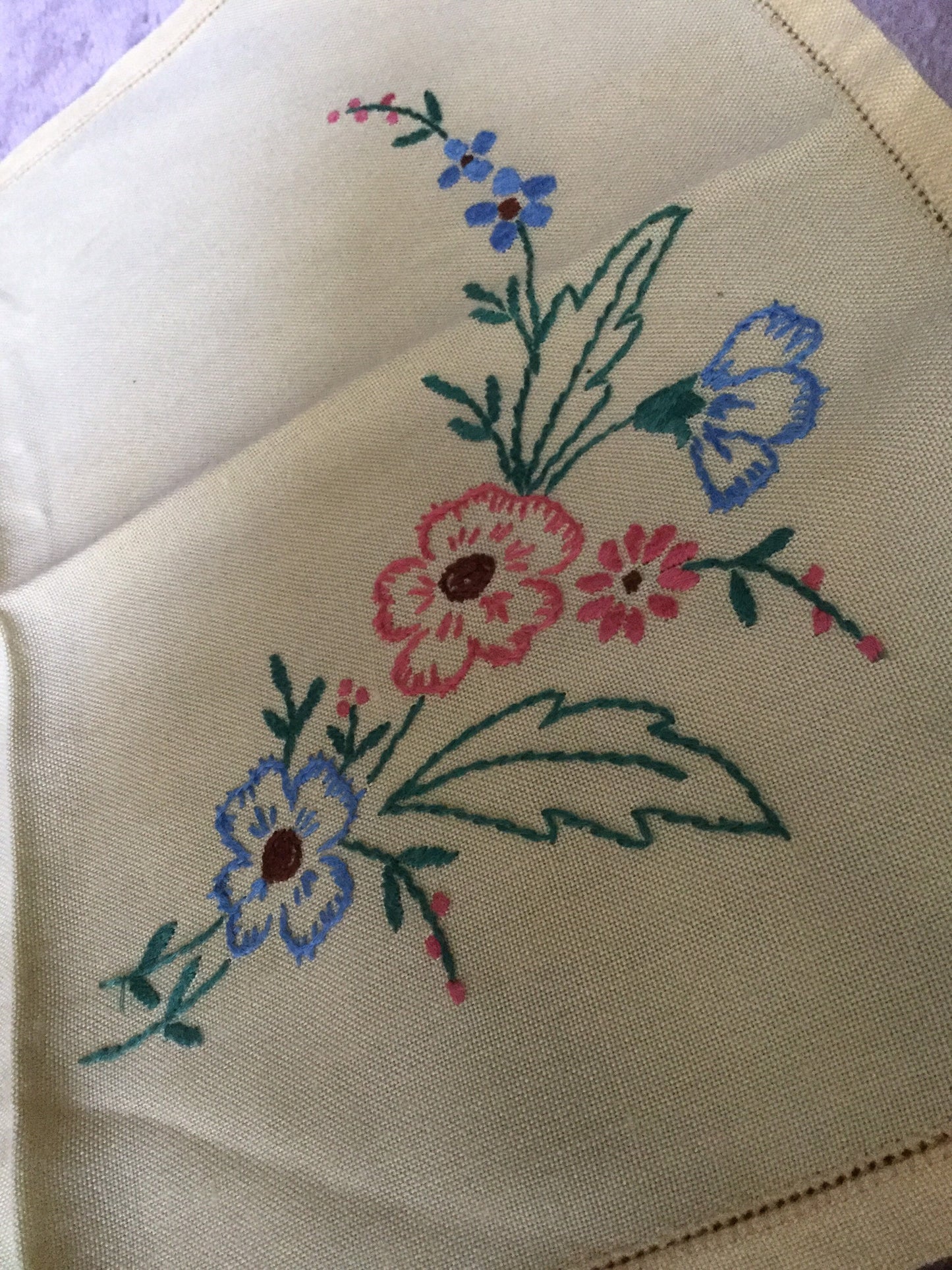Yellow Vintage tray cloth of dressing table cloth pretty pink blue green embroidered flowers