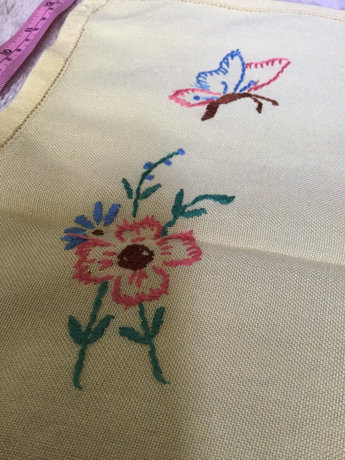 Yellow Vintage tray cloth of dressing table cloth pretty pink blue green embroidered flowers