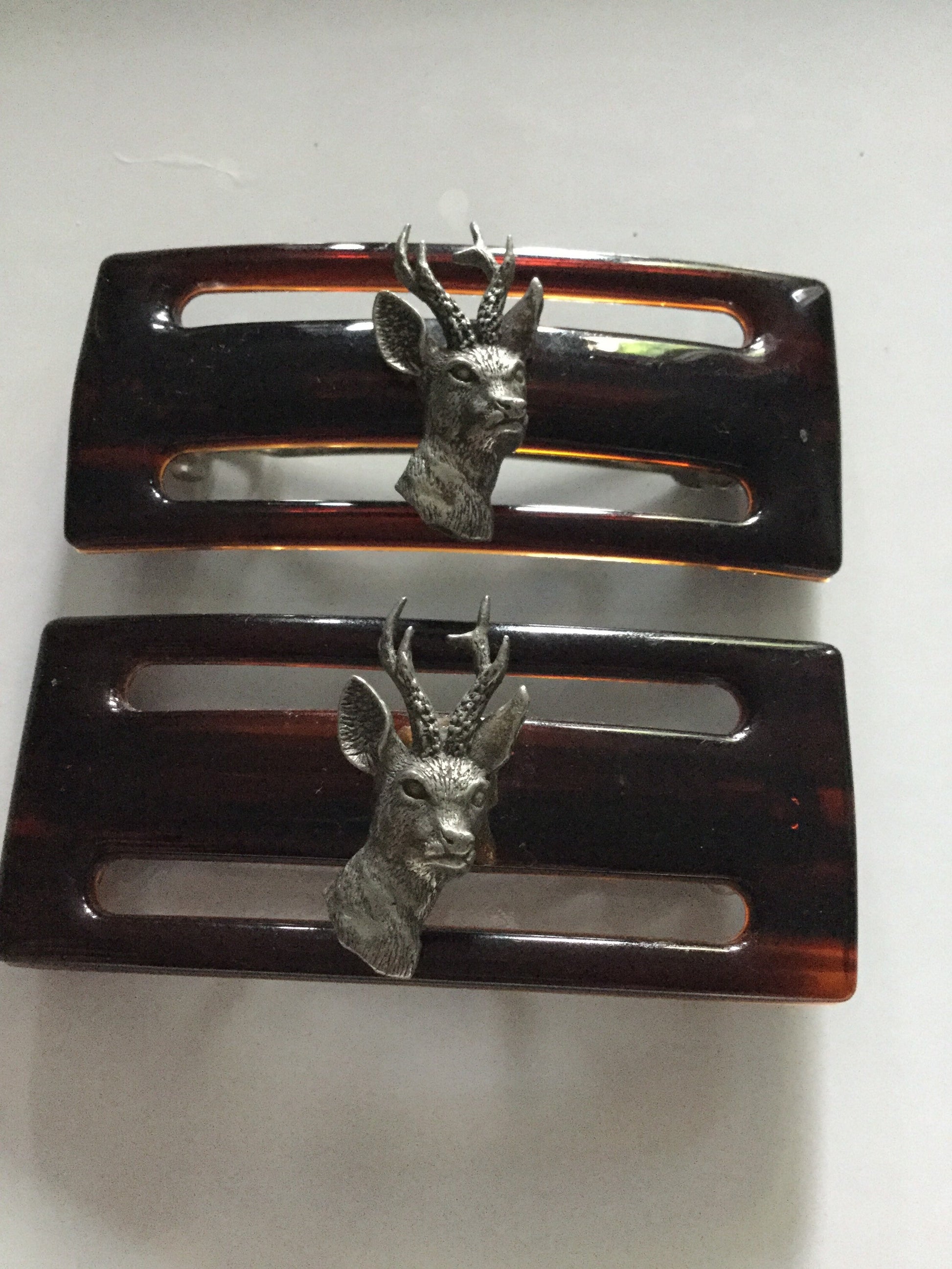 Vintage Retro Pair of French Barrette Hair Clips Faux Tortoiseshell deer stag detail