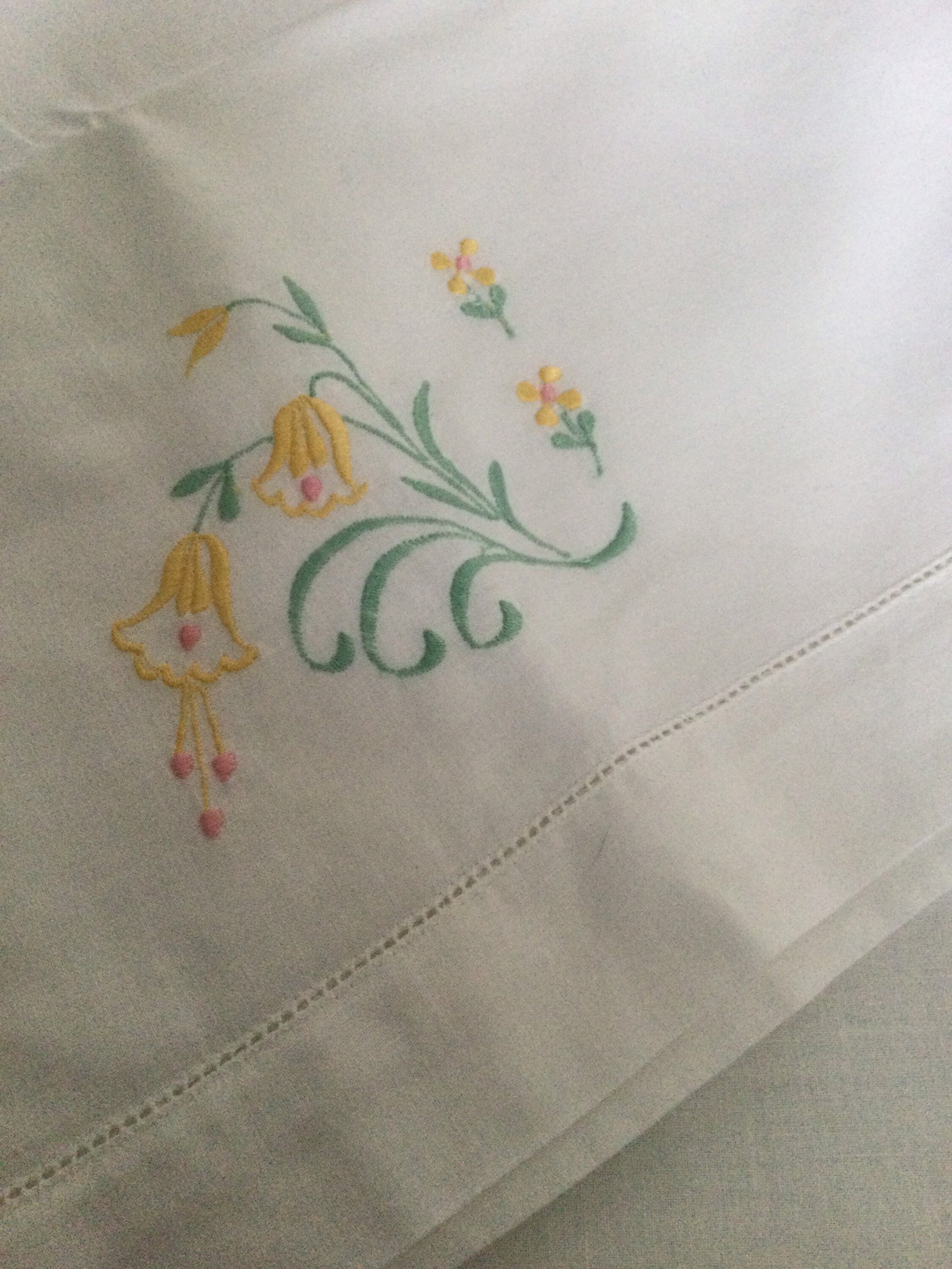 Pair / 2 WIDE cottage bedding decor pair of white cotton embroidered pillowcases pastel green yellow floral