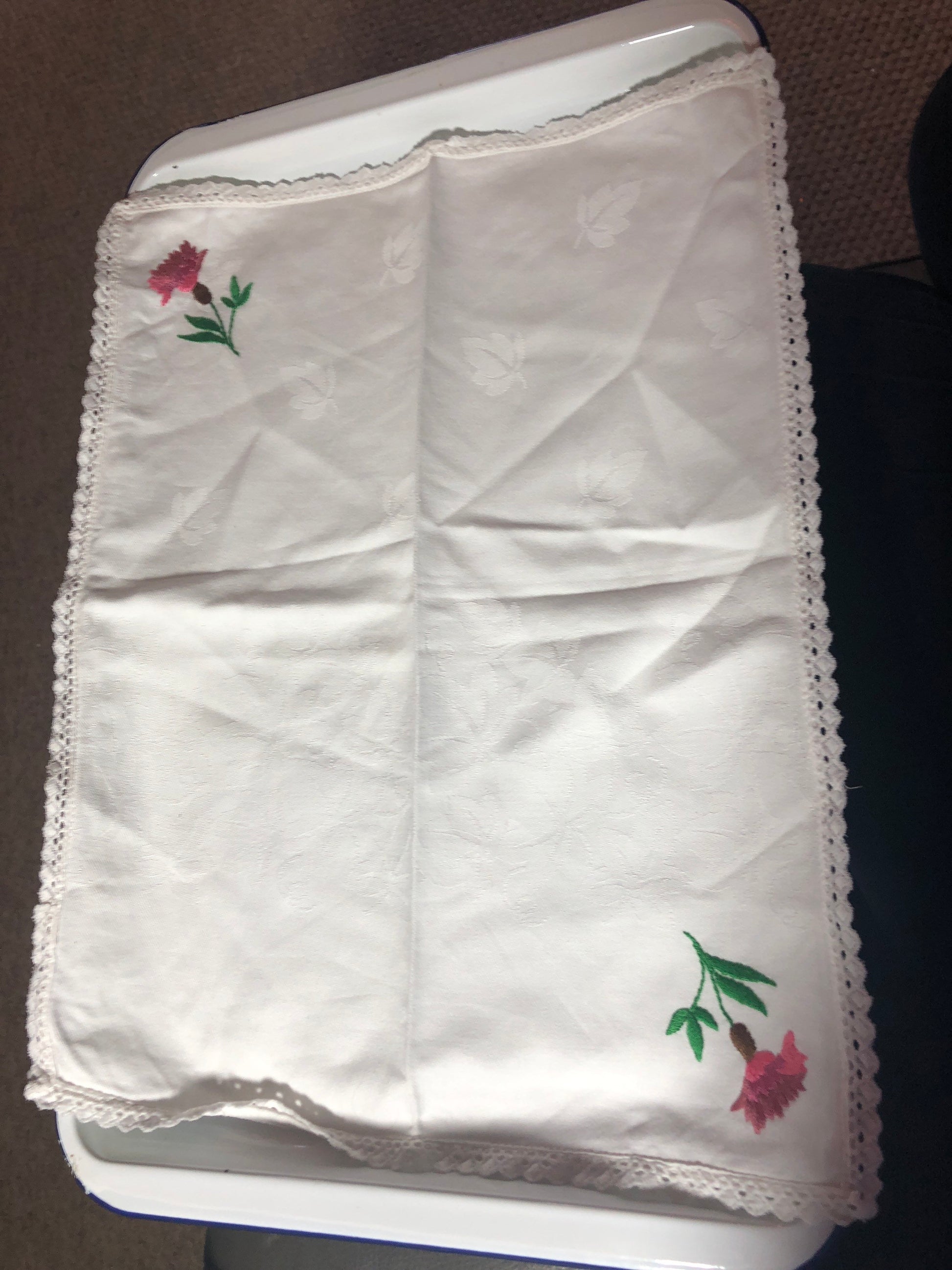 Vintage rectangular tray cloth or dressing table cloth damask white cotton pink embroidered